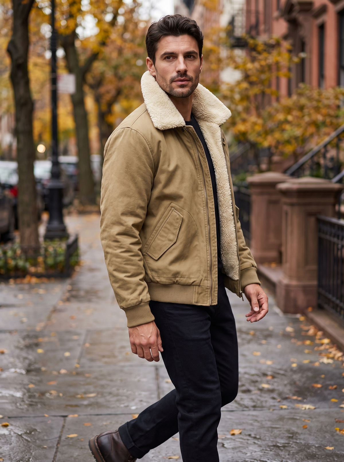 Men's Sherpa-Lined Bomber Jacket in Khaki – lifestyle shot