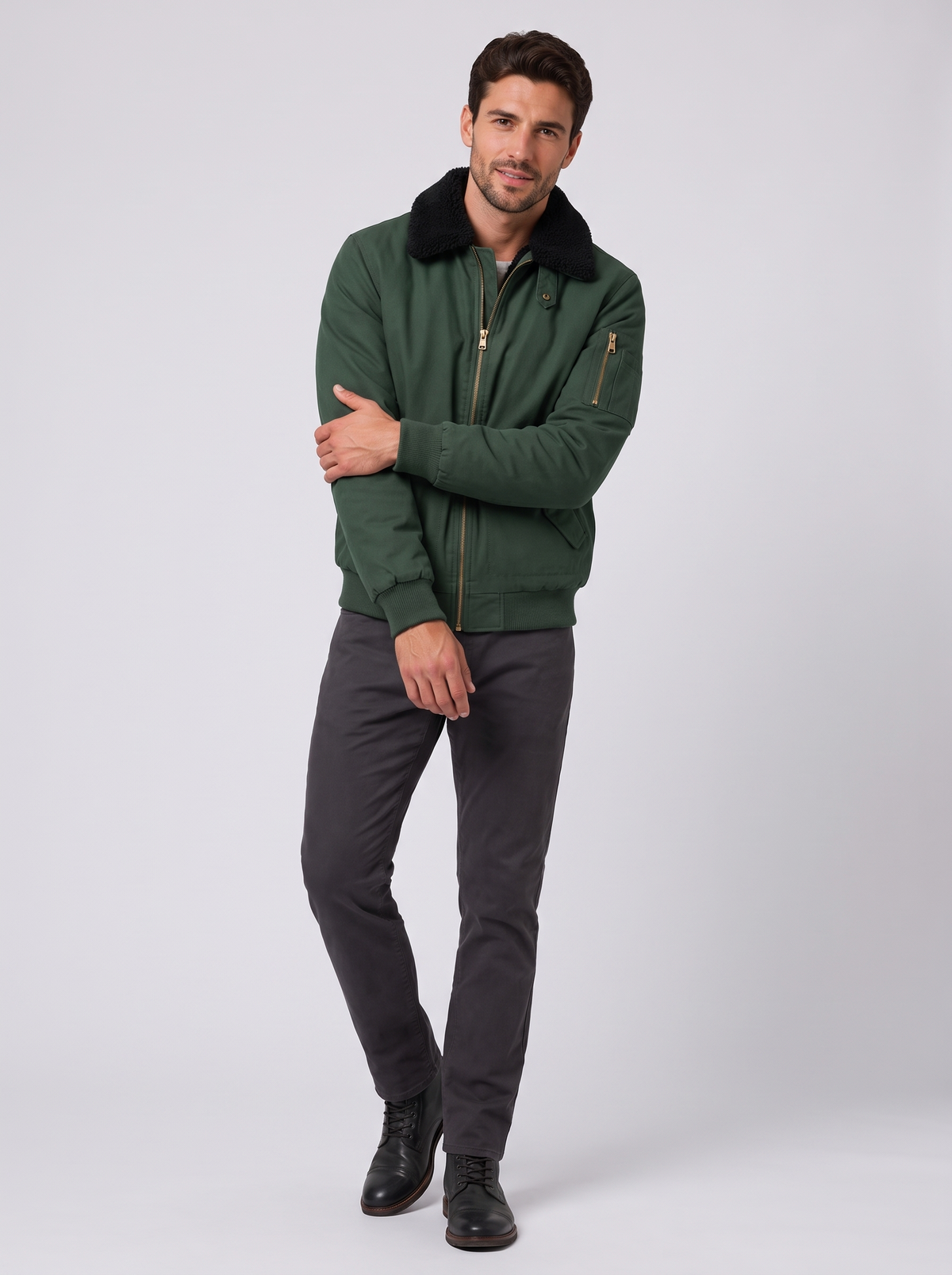 Men's Sherpa-Lined Bomber Jacket in Green – front view