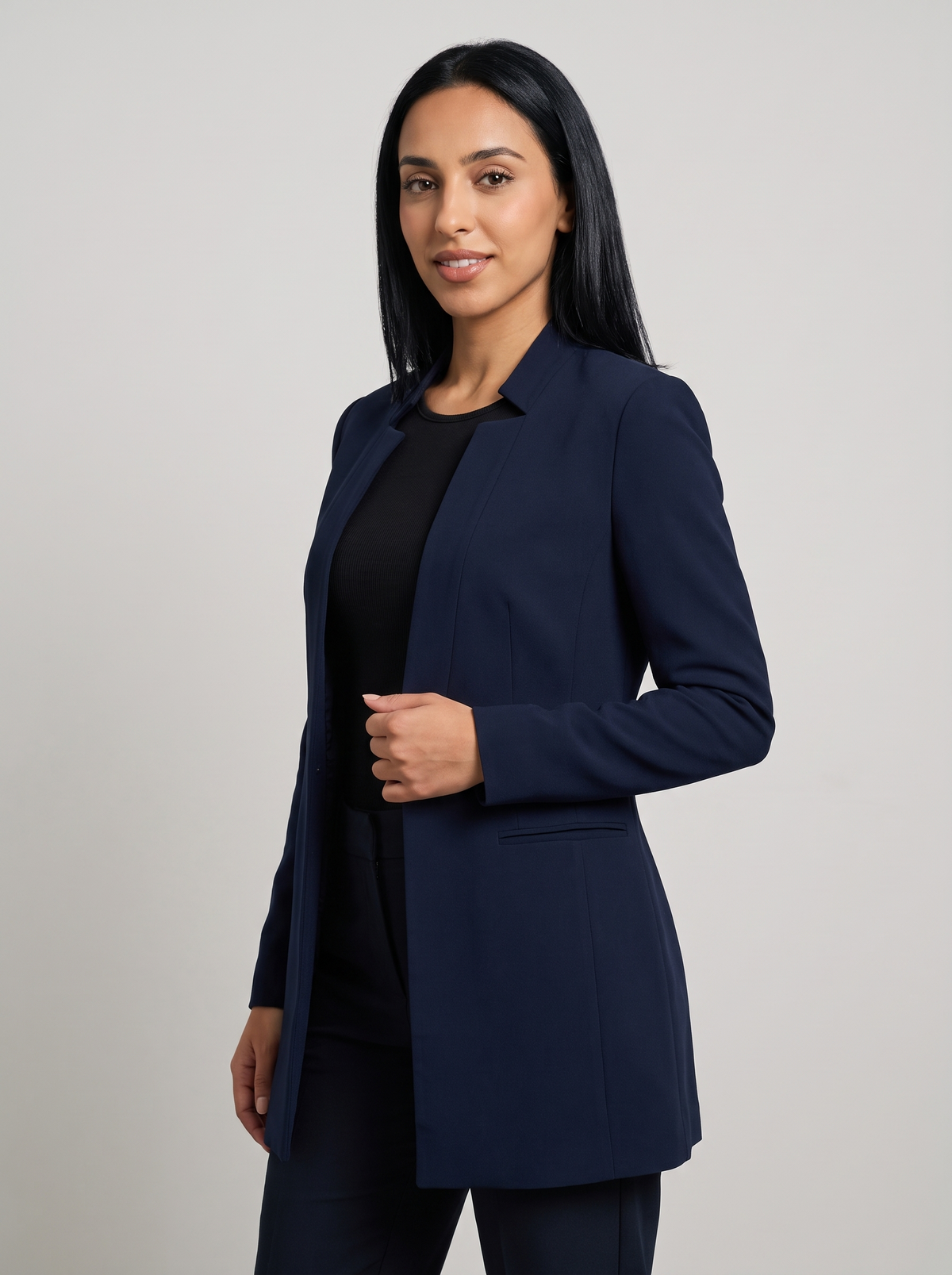 Women's Open Front Longline Blazer in Navy Blue – three-quarter view