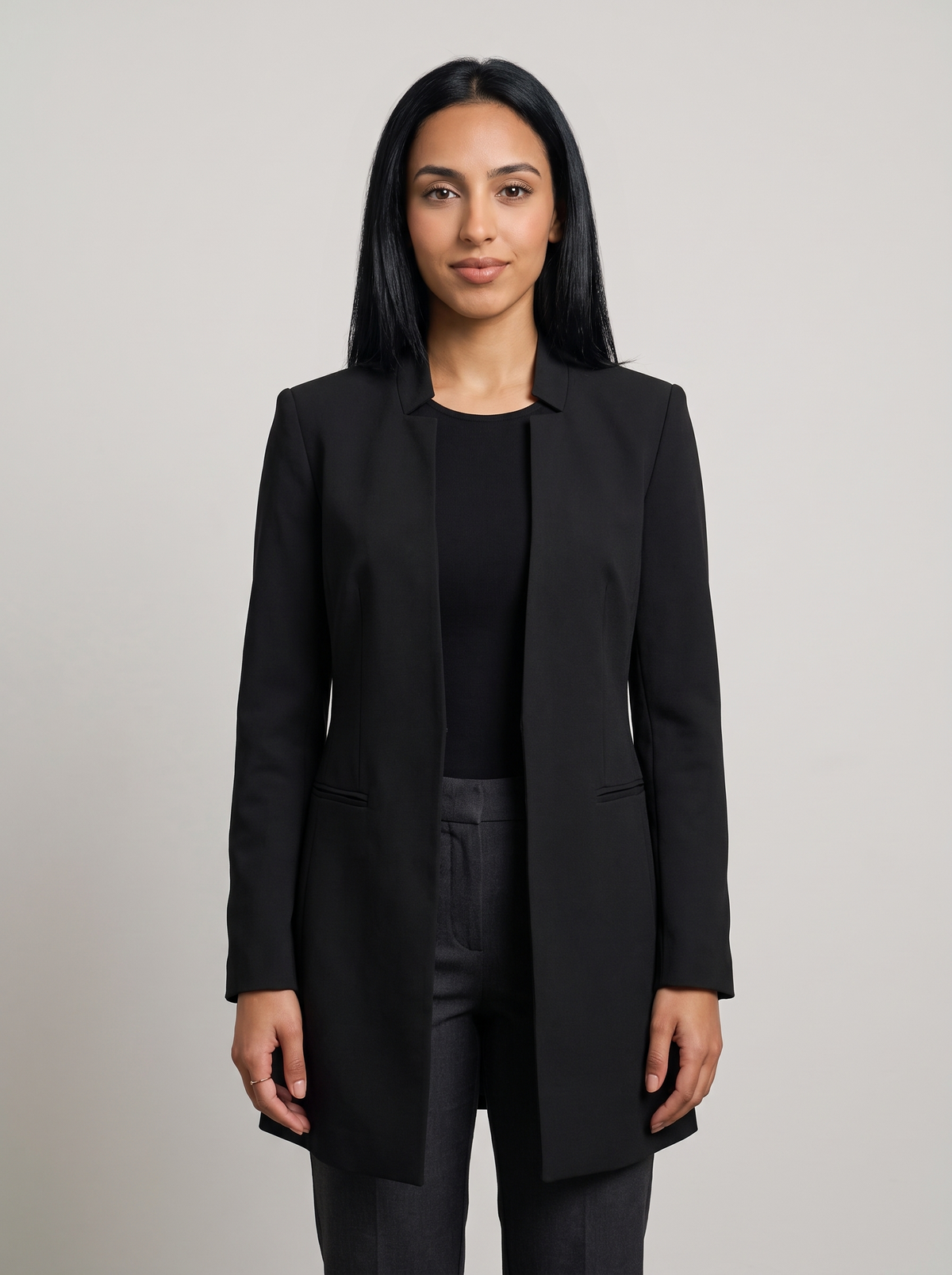 Women's Open Front Longline Blazer in Black