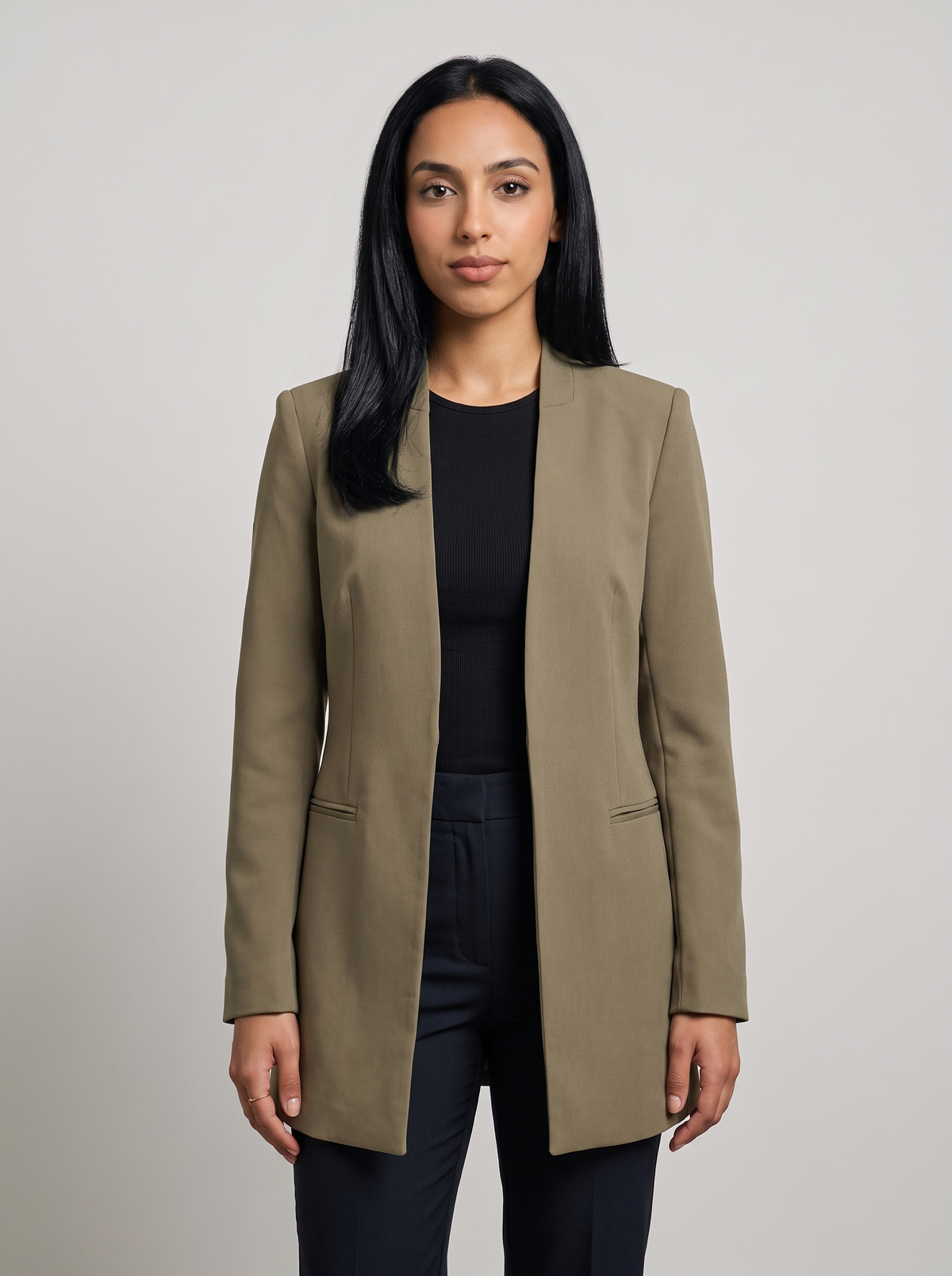 Women's Open Front Longline Blazer in Khaki