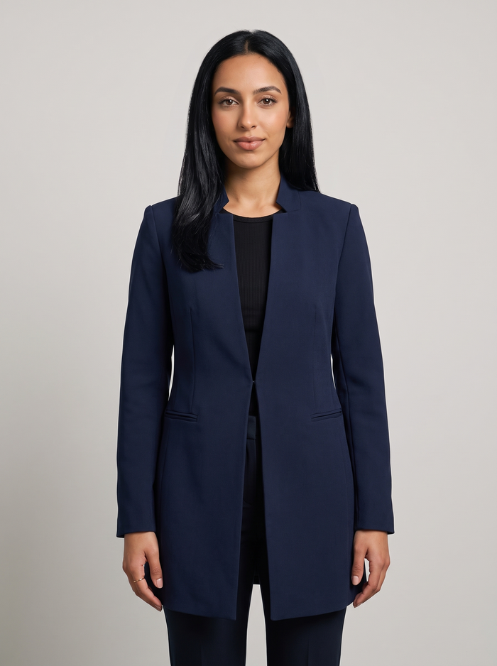 Women's Open Front Longline Blazer in Navy Blue – front view