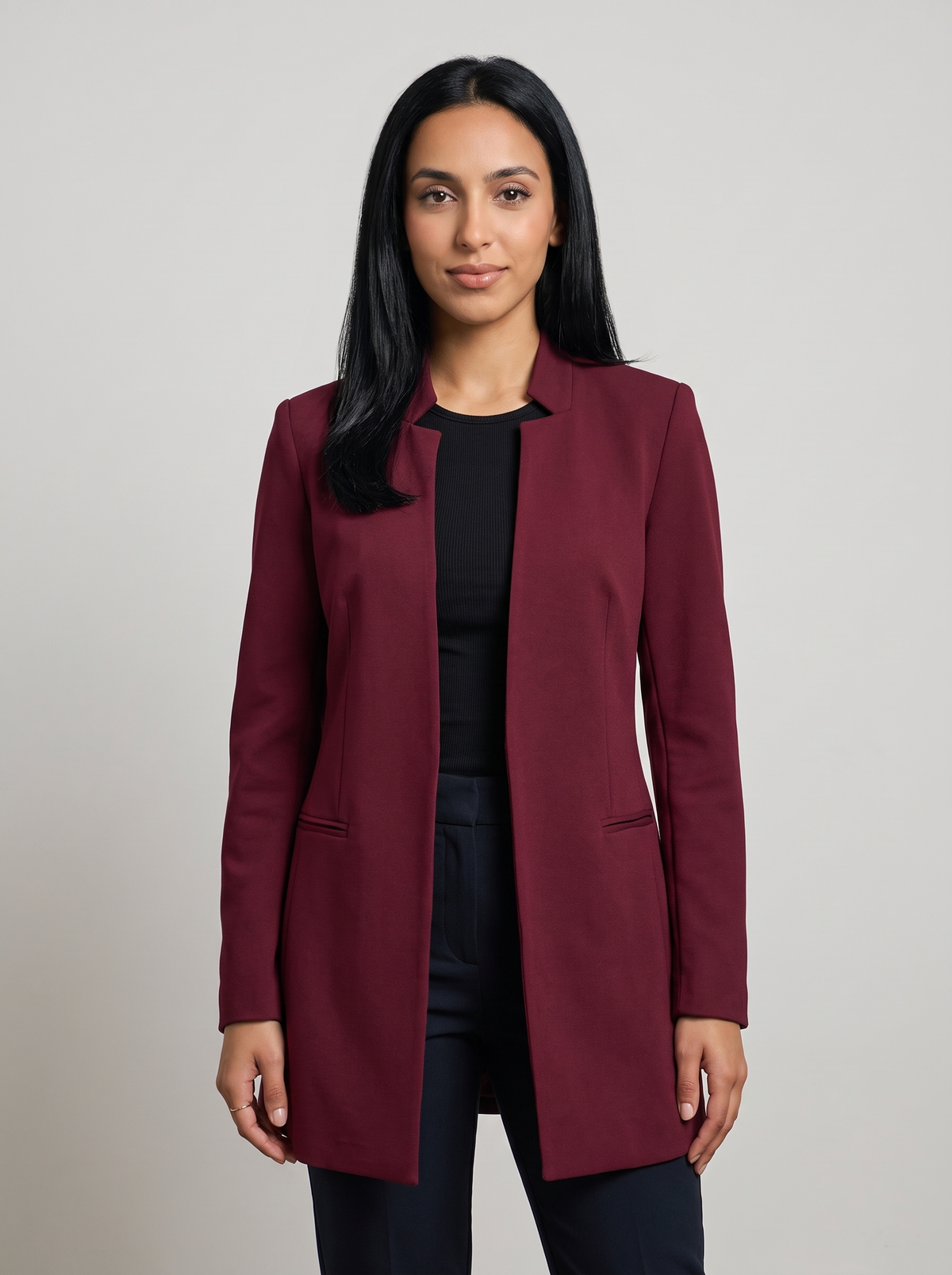 Women's Open Front Longline Blazer in Burgundy