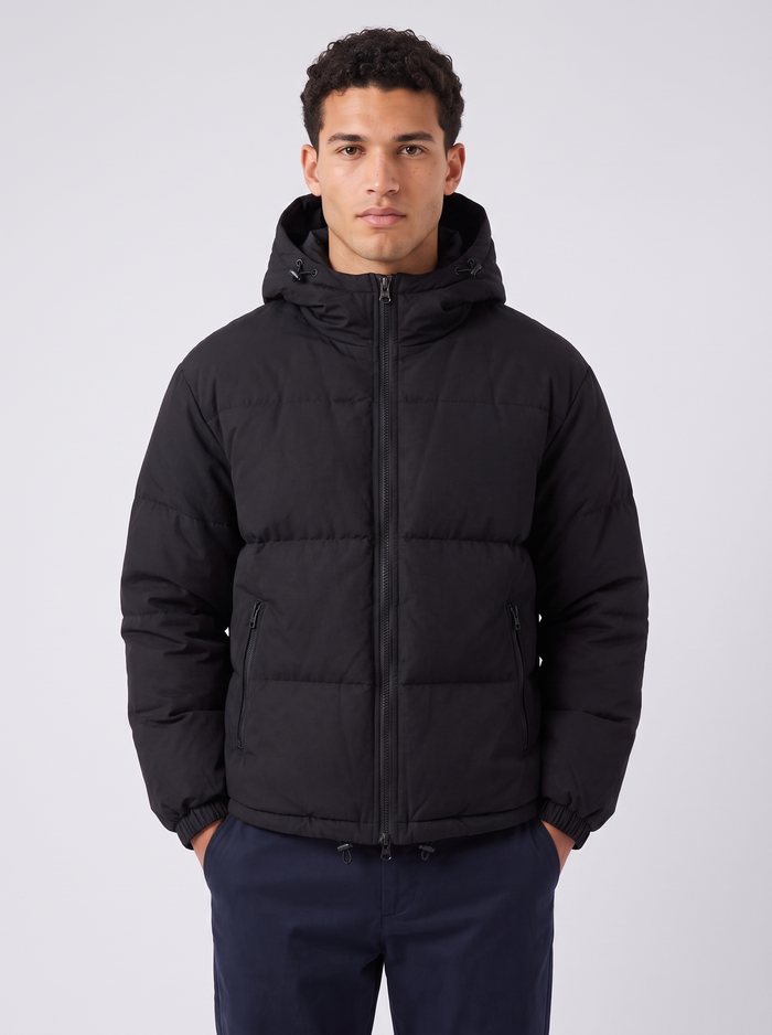 Unisex Oversized Hooded Puffer Jacket in Black – front view