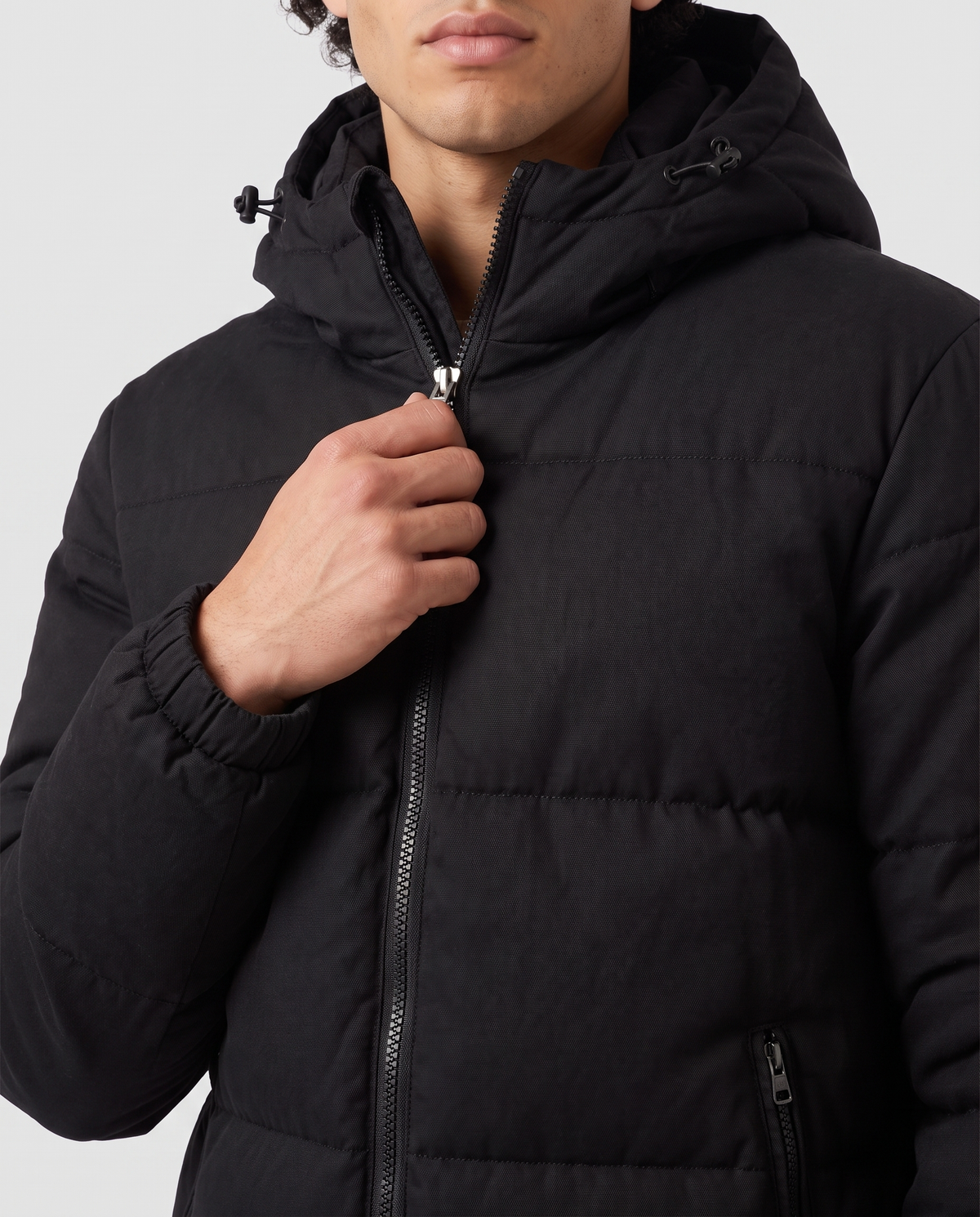 Unisex Oversized Hooded Puffer Jacket in Black – close-up