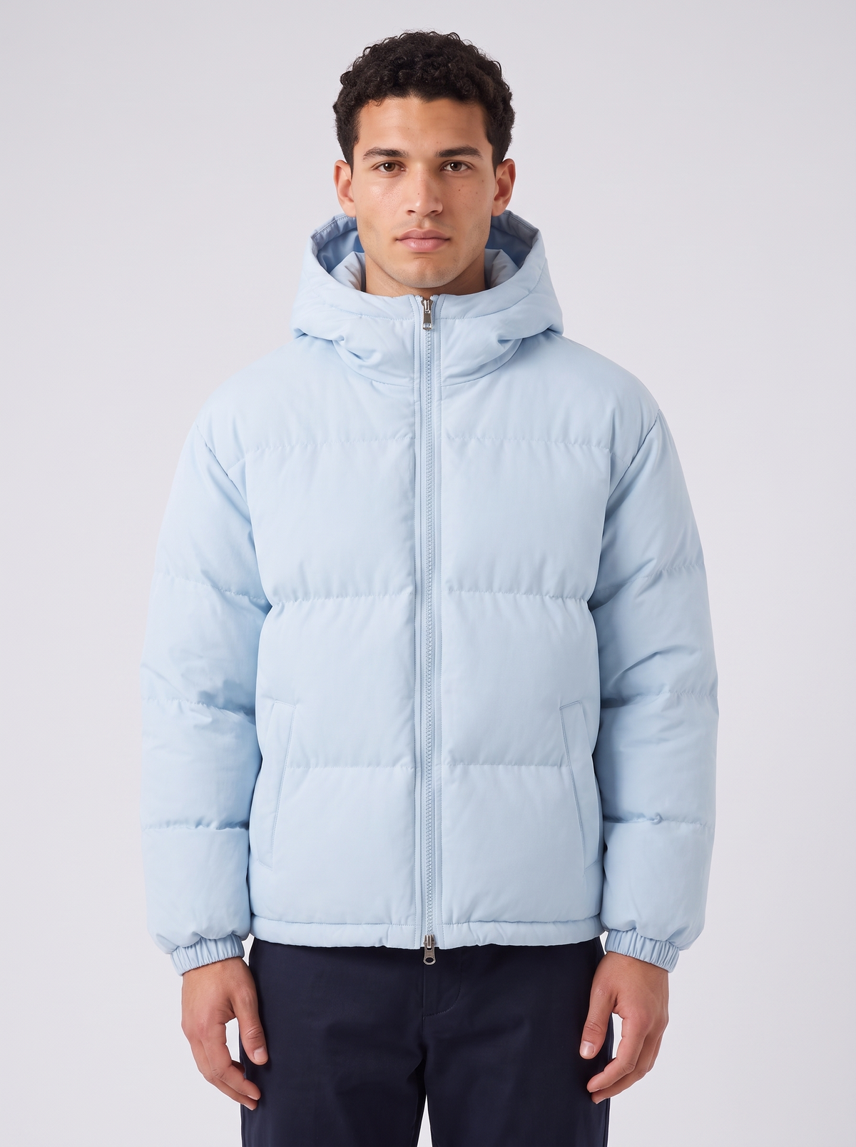 Unisex Oversized Hooded Puffer Jacket in Baby Blue – front view