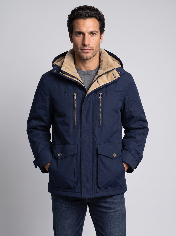 Men's Fleece Lined Hooded Winter Jacket in Blue – front view