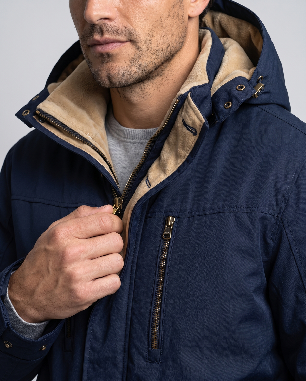 Men's Fleece Lined Hooded Winter Jacket in Blue – close-up