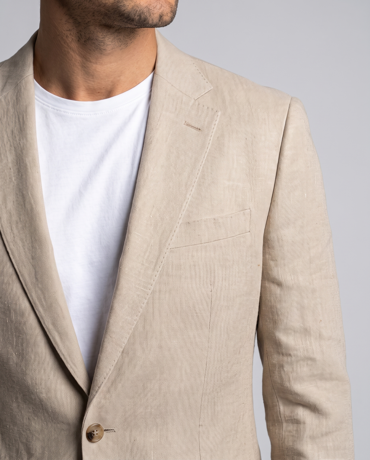 Men's Slim Fit Linen Look Two Piece Suit in Apricot – close-up