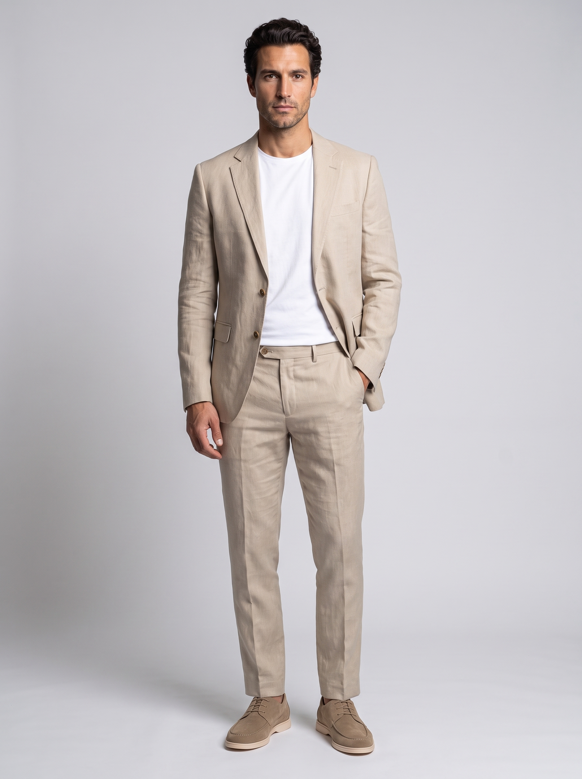 Men's Slim Fit Linen Look Two Piece Suit in Apricot – front view