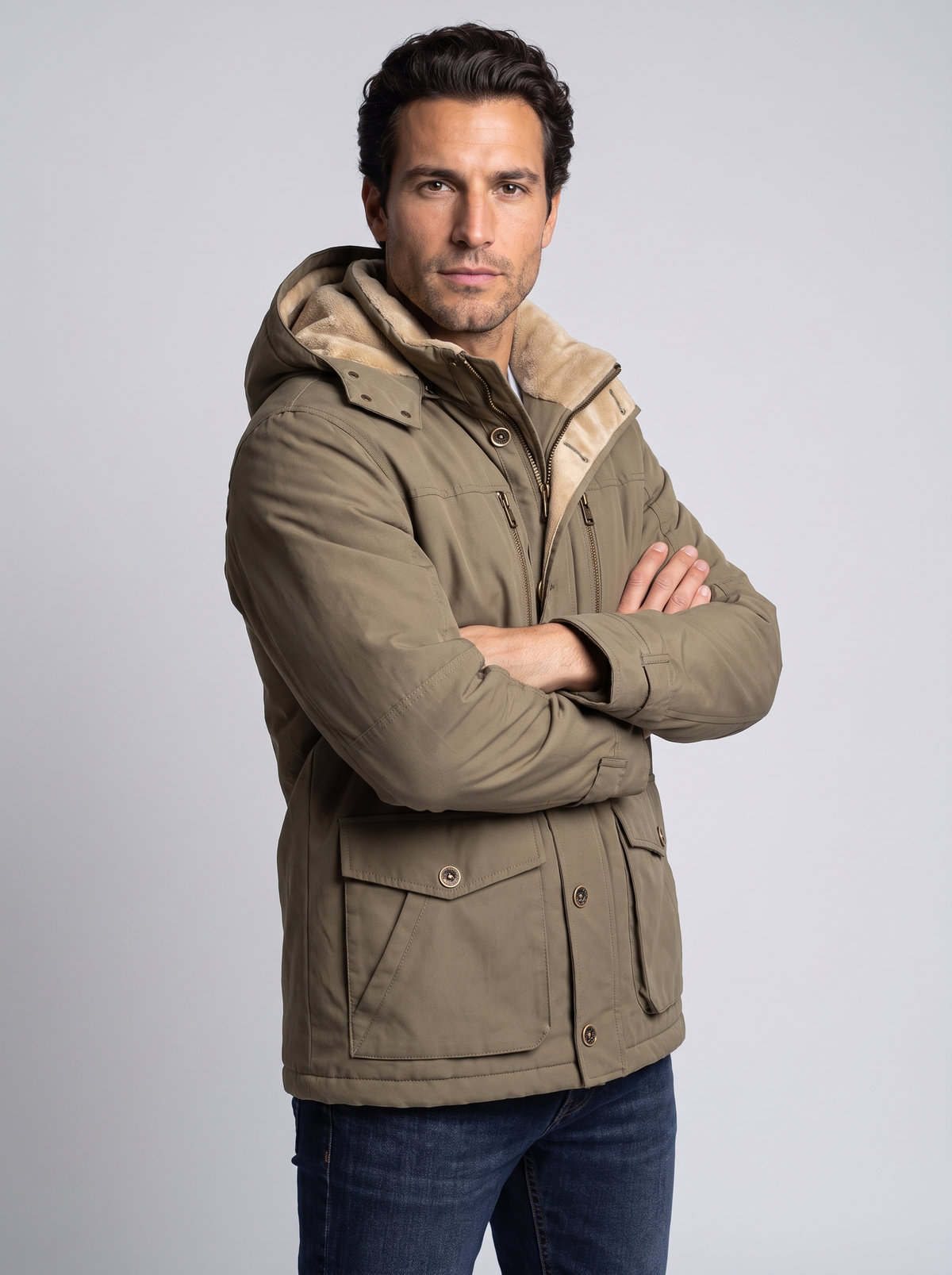 Men's Fleece Lined Hooded Winter Jacket in Khaki – front view