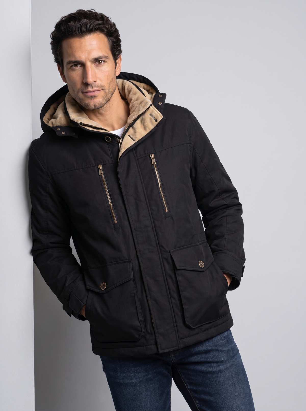 Men's Fleece Lined Hooded Winter Jacket in Black – front view