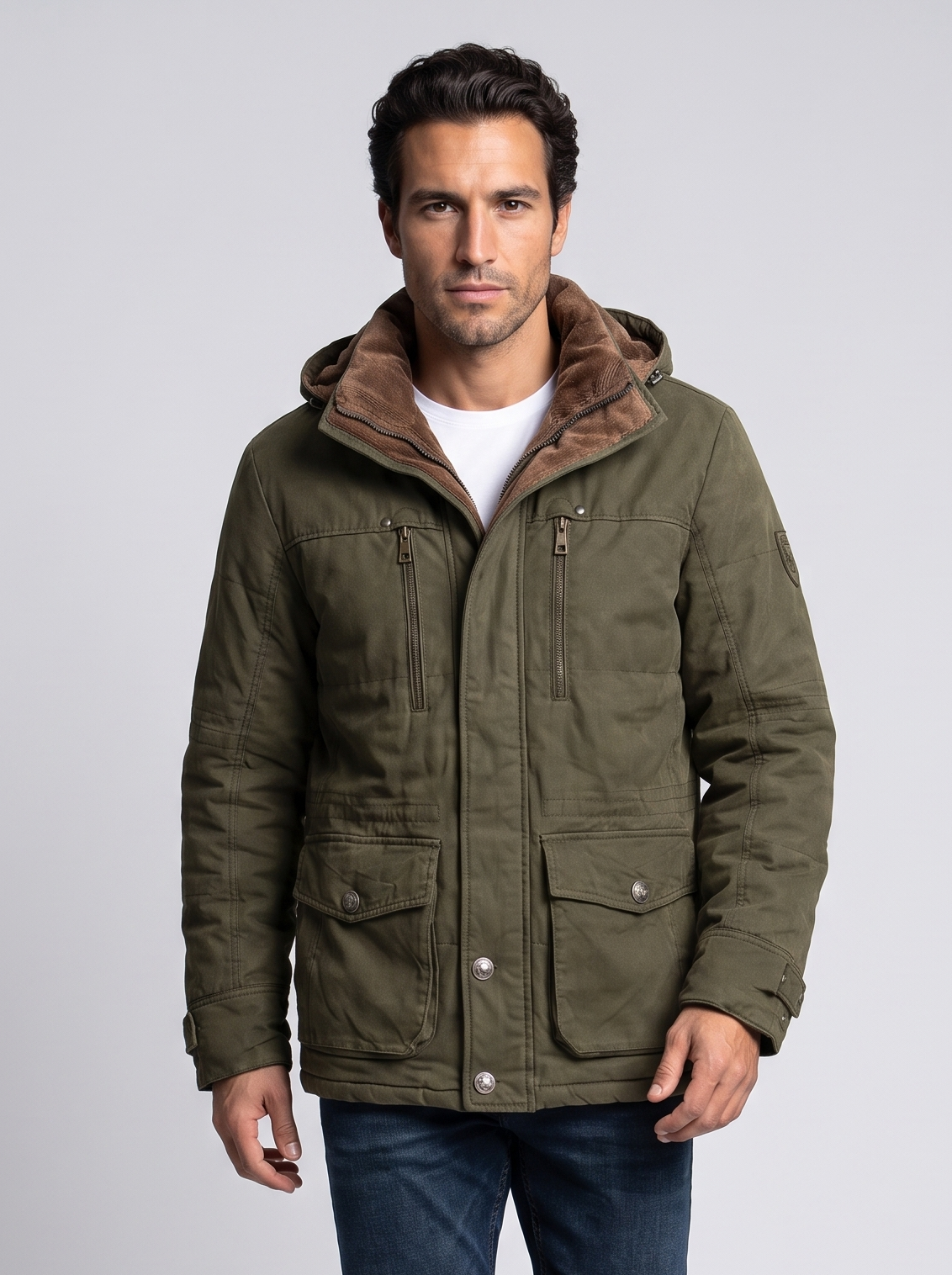 Men's Fleece Lined Hooded Winter Jacket in Green – front view