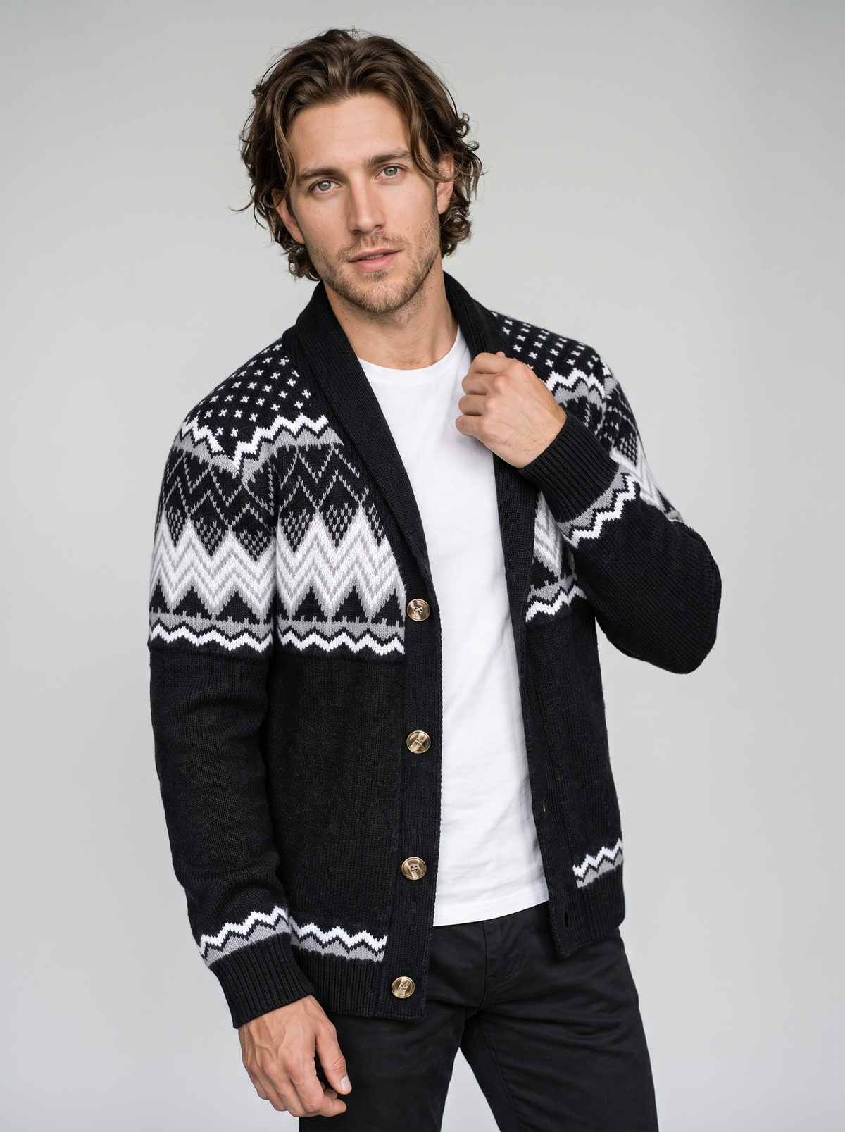 Men's Fair Isle Shawl Collar Cardigan in Black – view 2