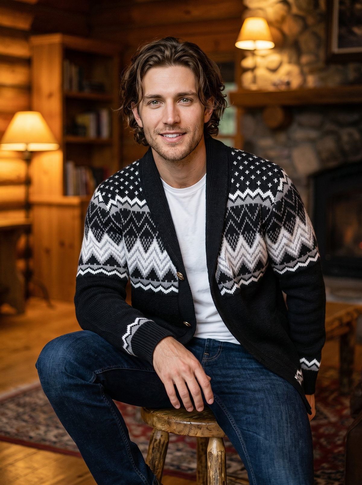 Men's Fair Isle Shawl Collar Cardigan in Black – view 5
