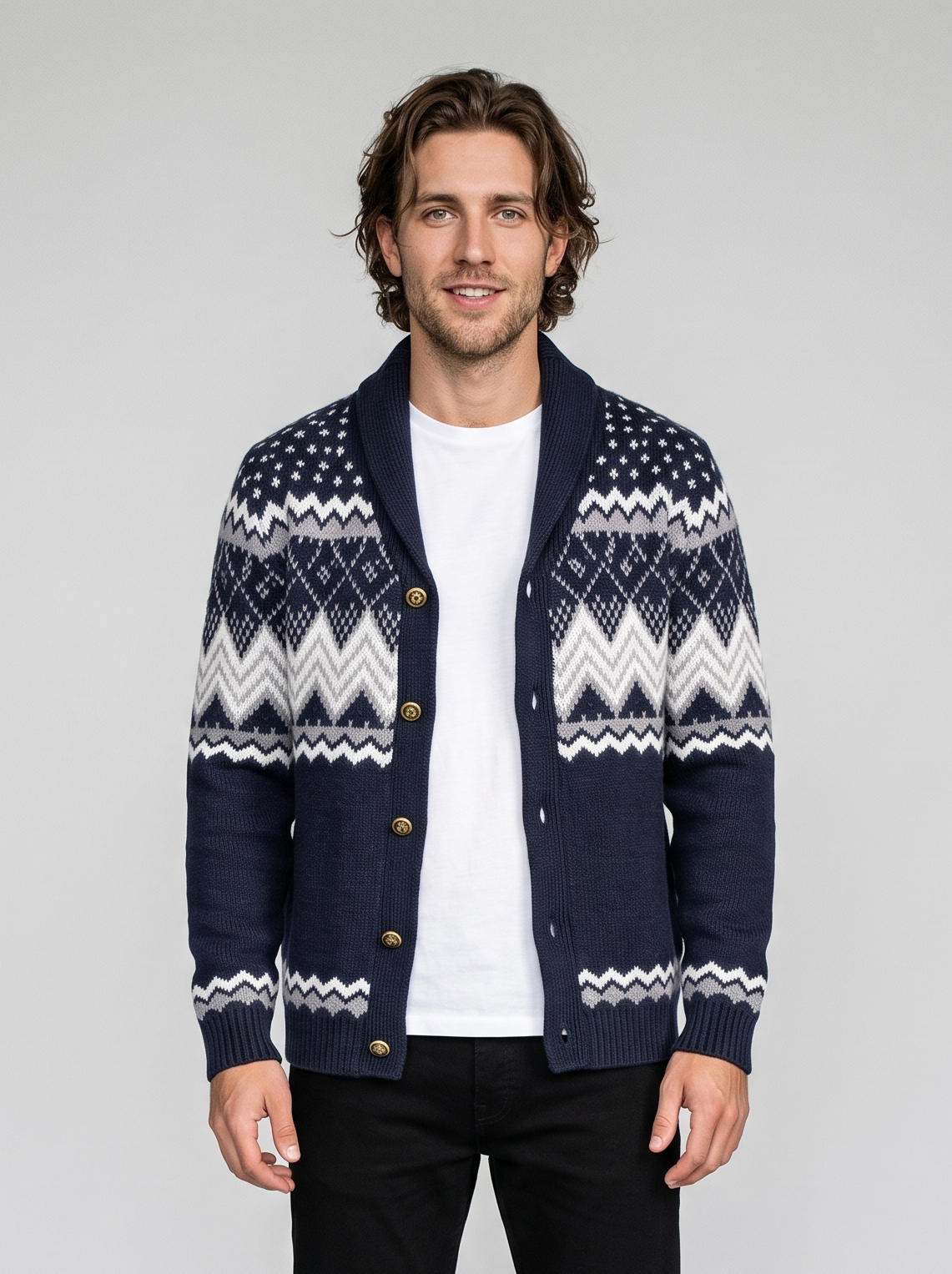 Men's Fair Isle Shawl Collar Cardigan in Navy Blue