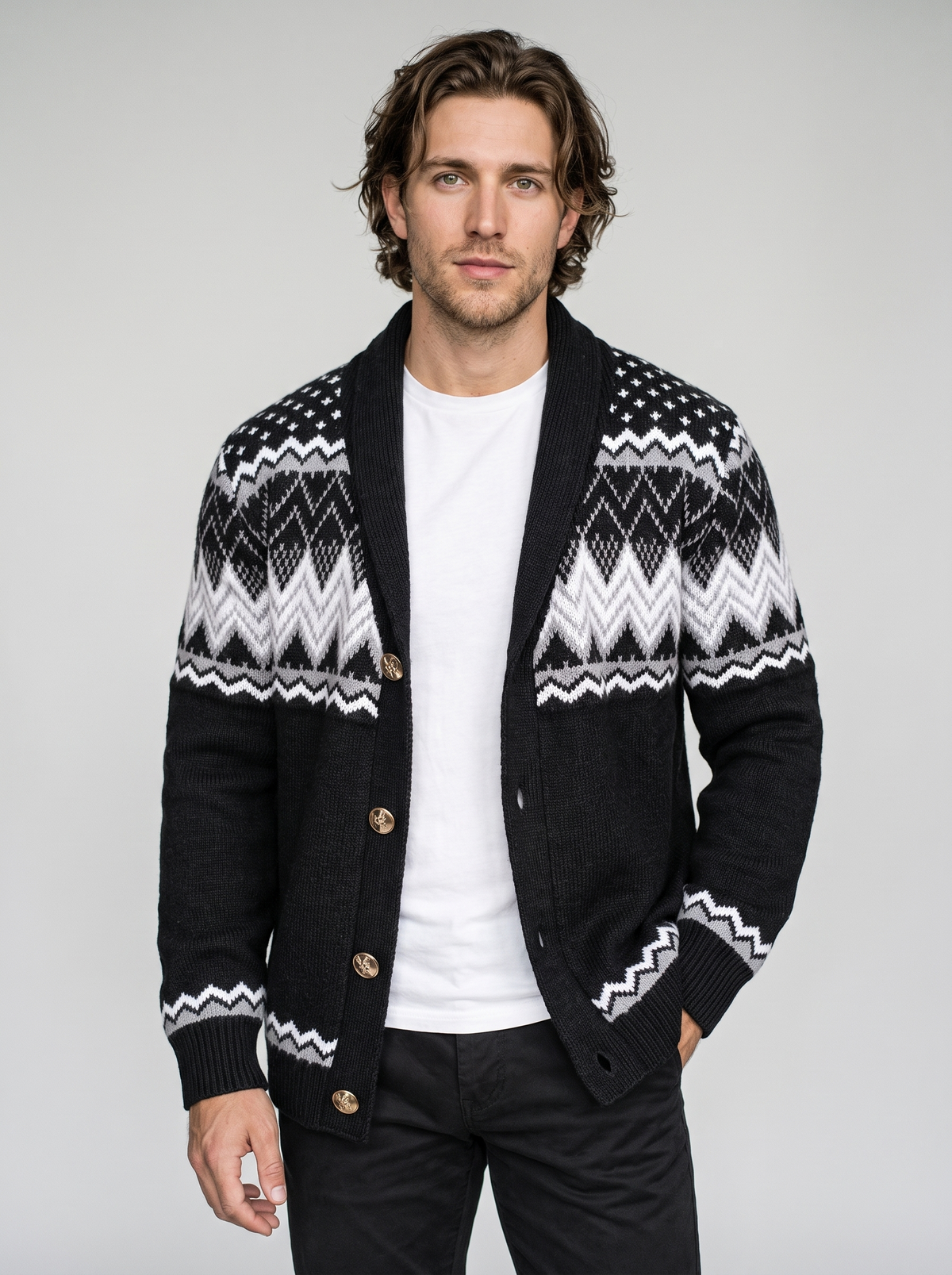 Men's Fair Isle Shawl Collar Cardigan in Black