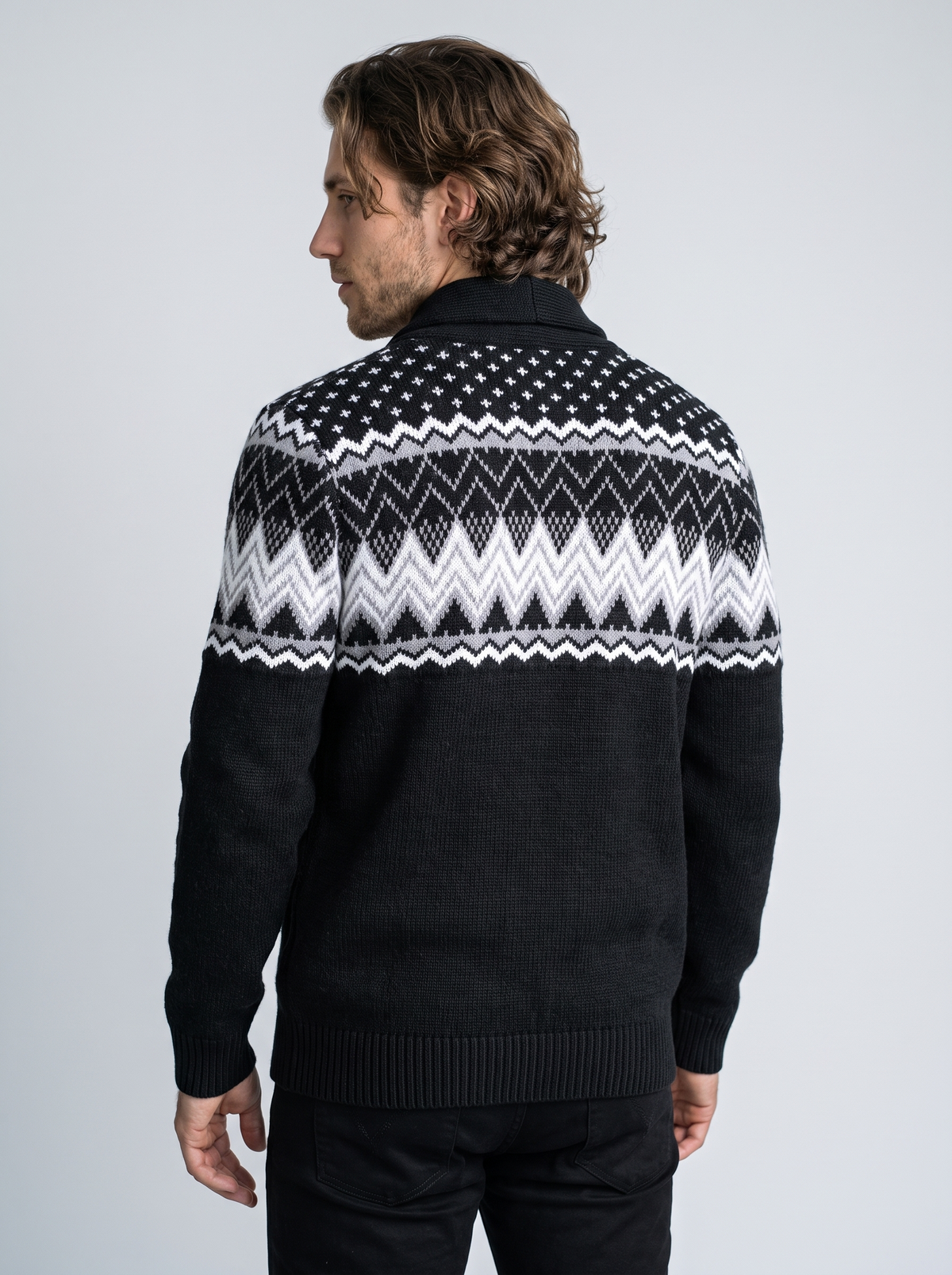 Men's Fair Isle Shawl Collar Cardigan in Black – view 3