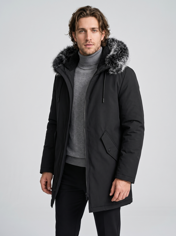 Men's Fleece Lined Hooded Parka in Black
