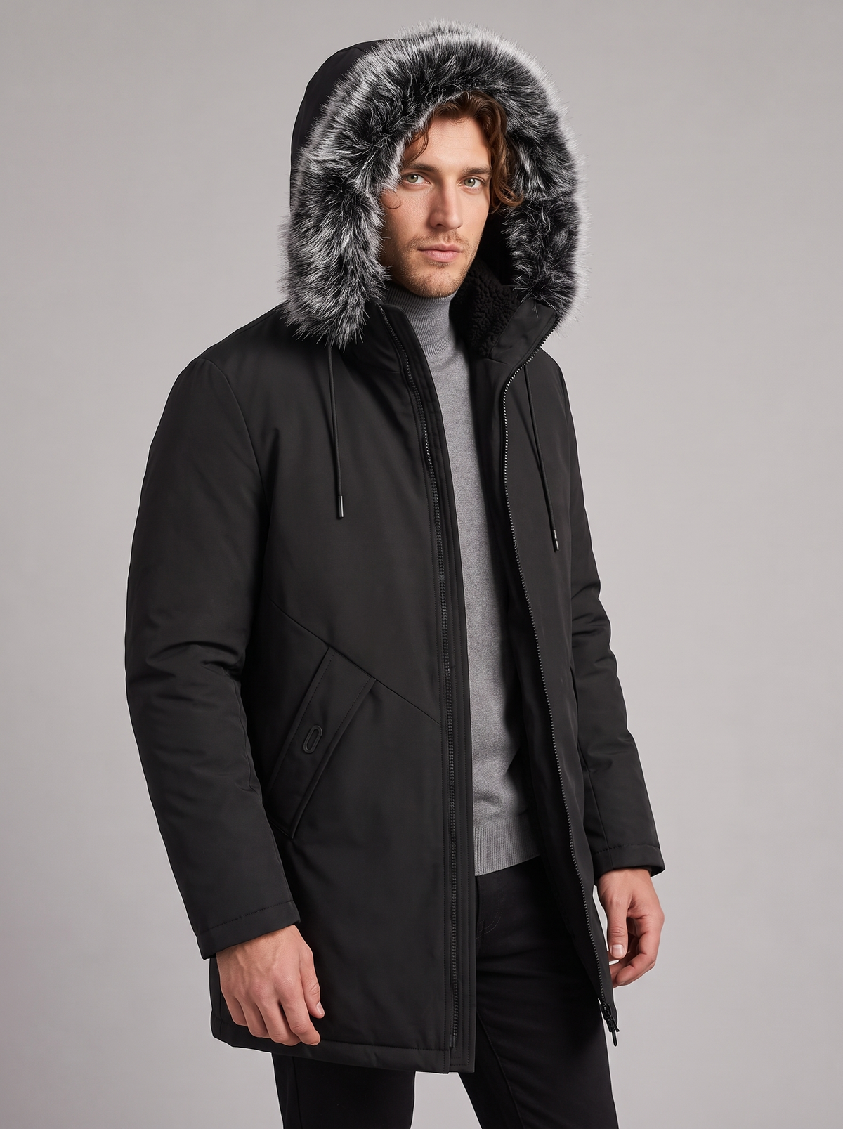 Men's Fleece Lined Hooded Parka in Black – view 2