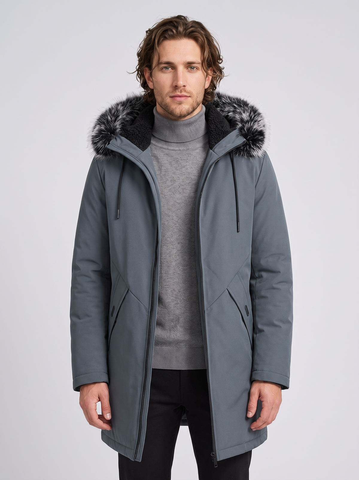 Men's Fleece Lined Hooded Parka in Slate Grey