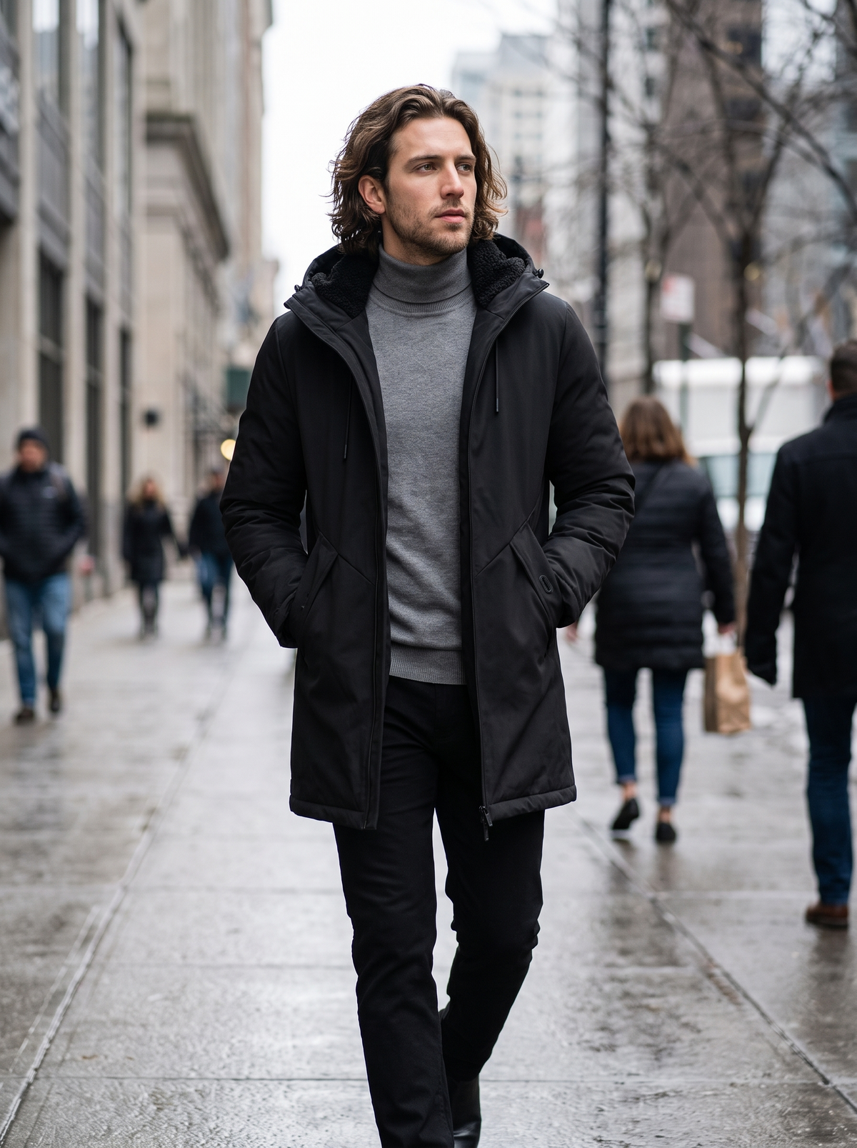 Men's Fleece Lined Hooded Parka in Black – view 5