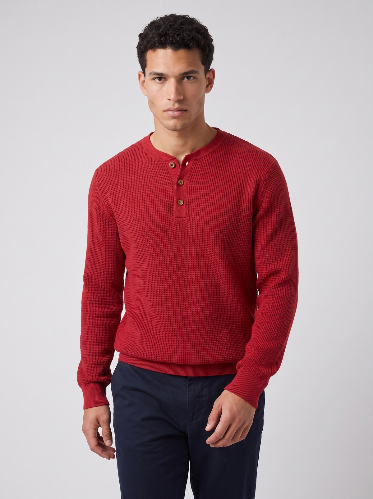 Men's Waffle Knit Henley in Red