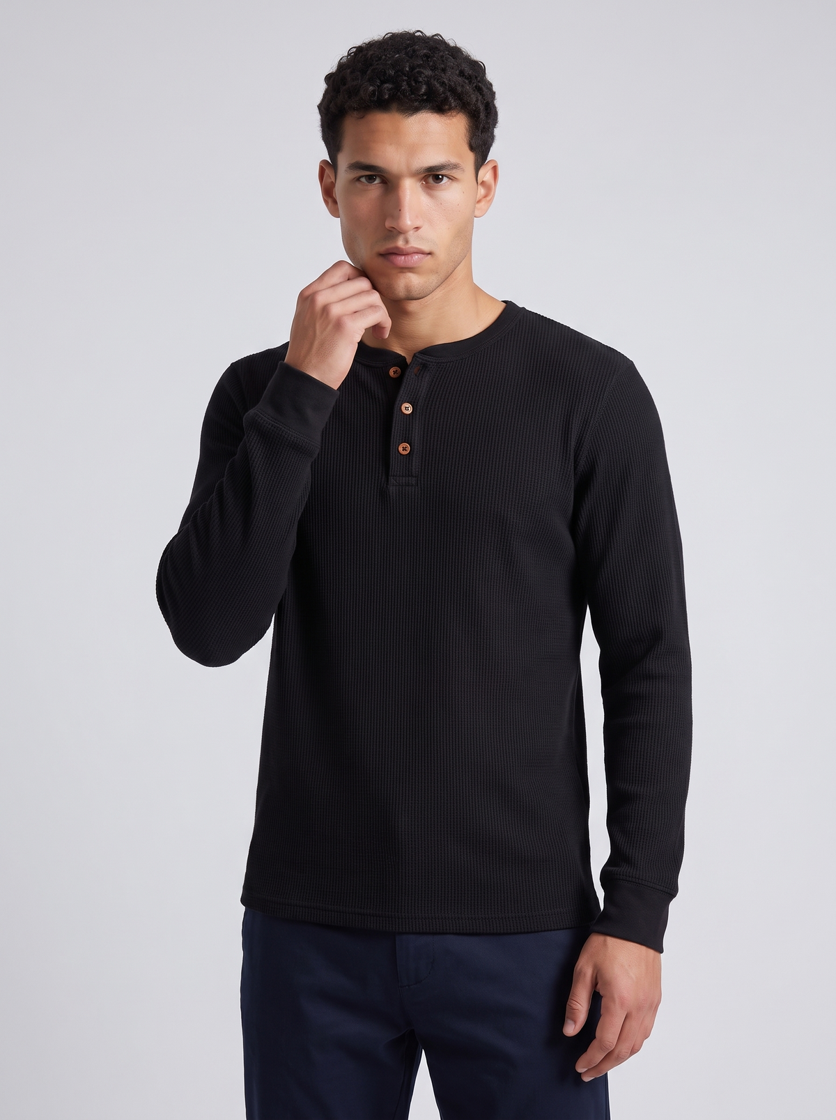 Men's Waffle Knit Henley in Black