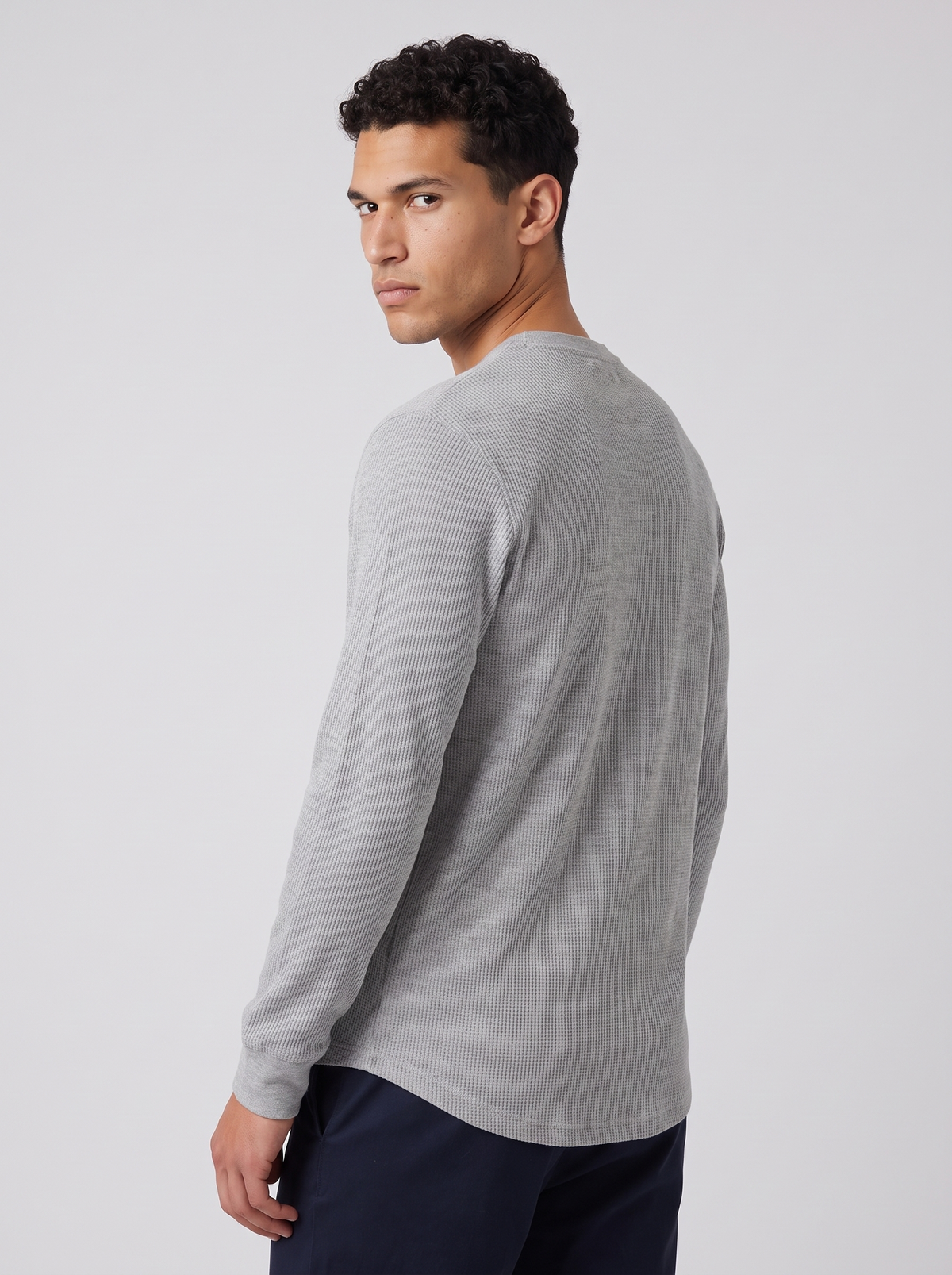 Men's Waffle Knit Henley in Light Grey – view 3