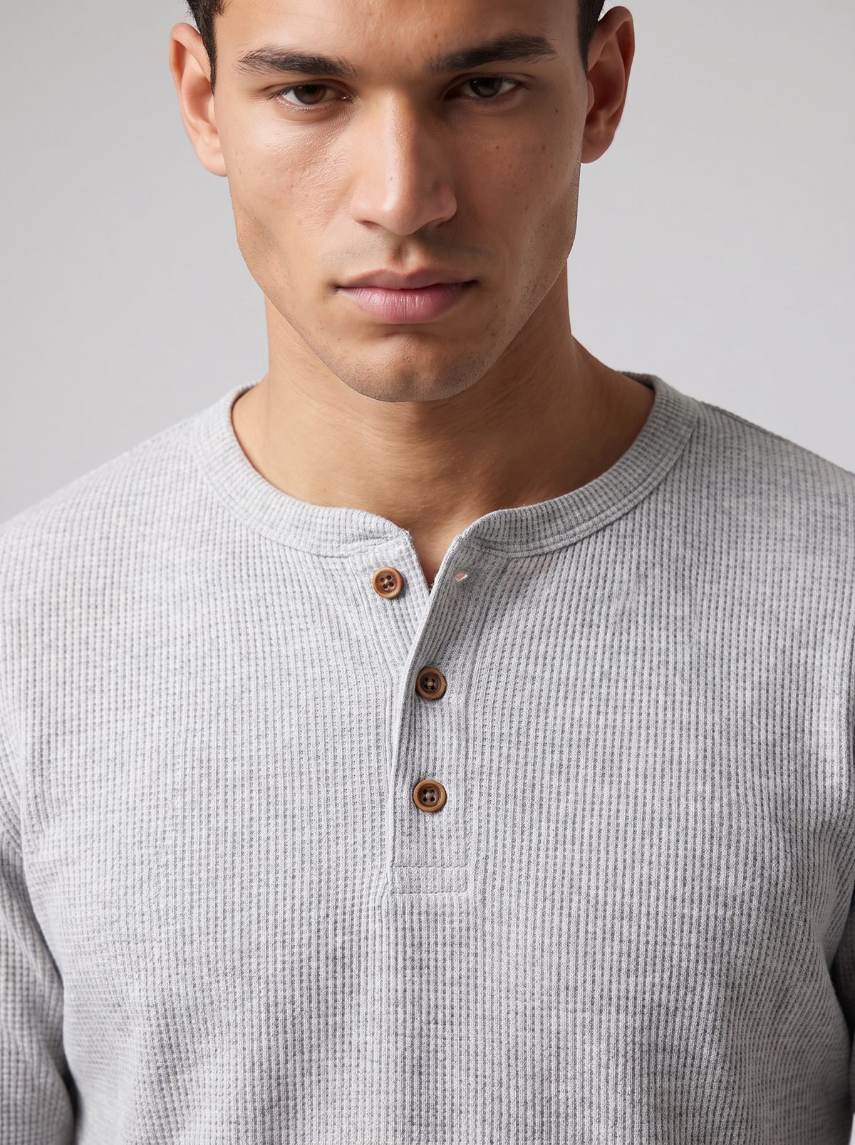 Men's Waffle Knit Henley in Light Grey – view 4