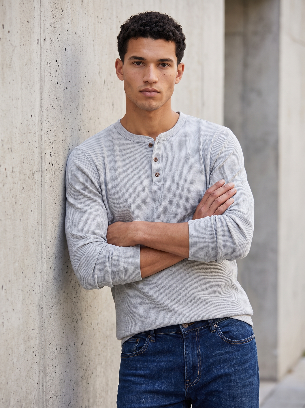 Men's Waffle Knit Henley in Light Grey – view 5