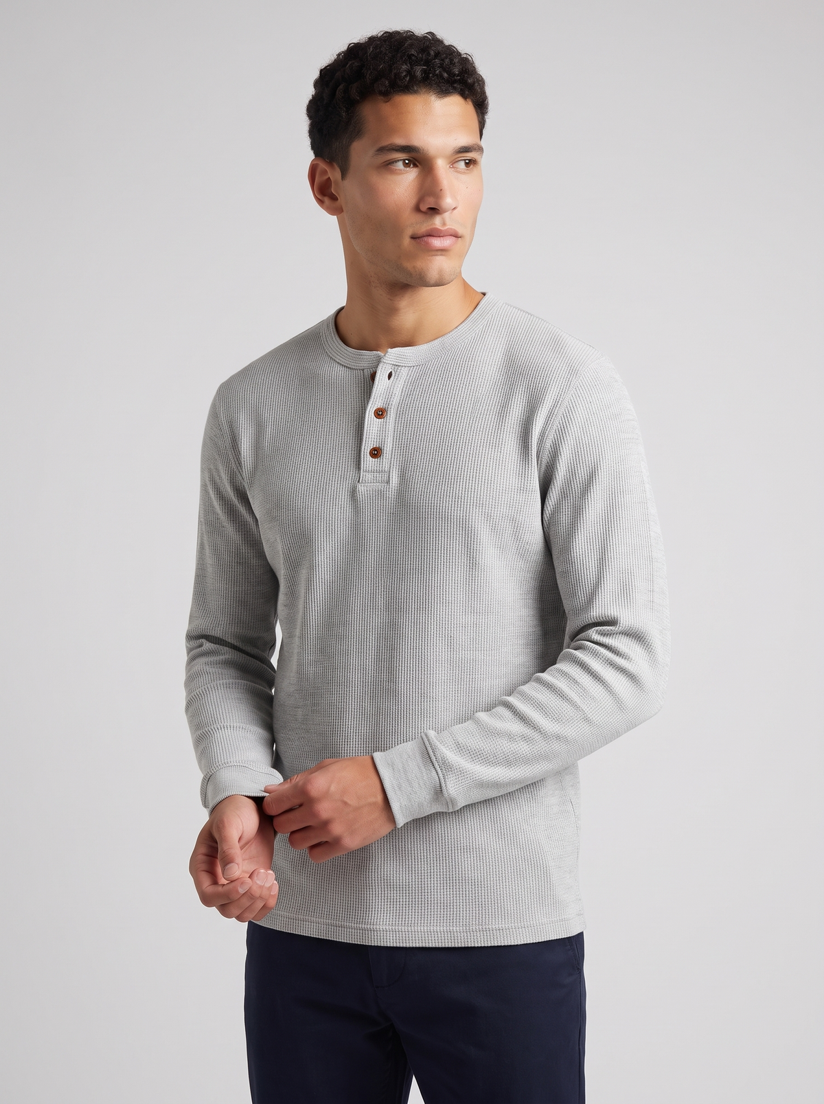 Men's Waffle Knit Henley in Light Grey