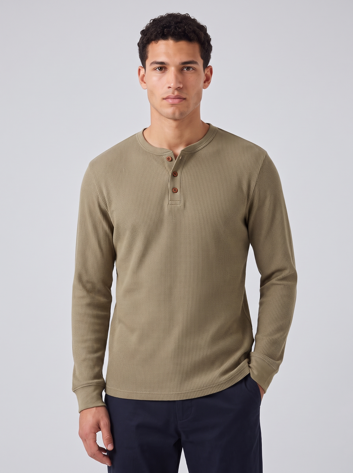 Men's Waffle Knit Henley in Khaki