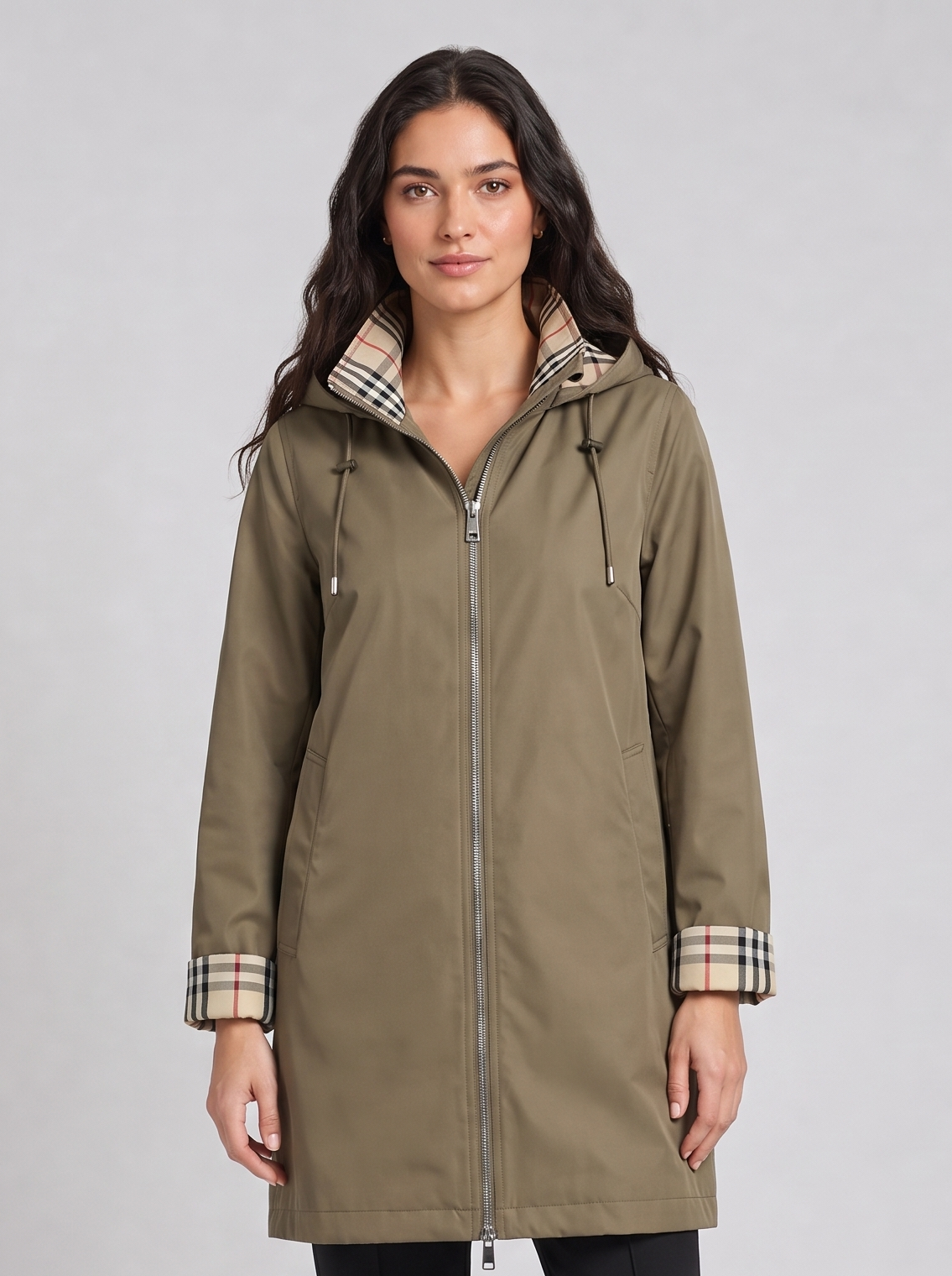 Women's Longline Hooded Raincoat in Khaki