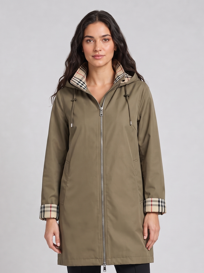 Women's Longline Hooded Raincoat in Khaki