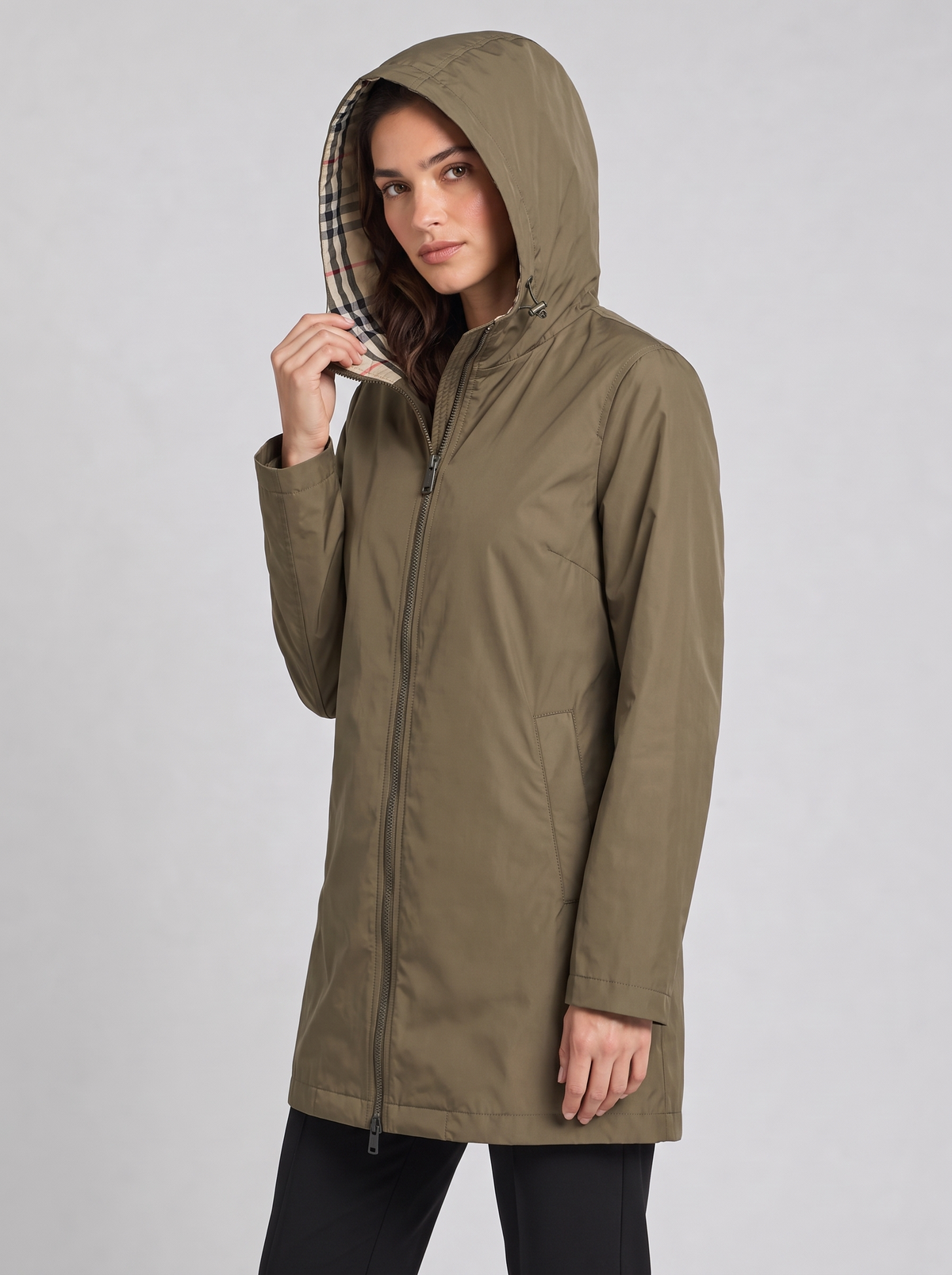 Women's Longline Hooded Raincoat in Khaki – view 2