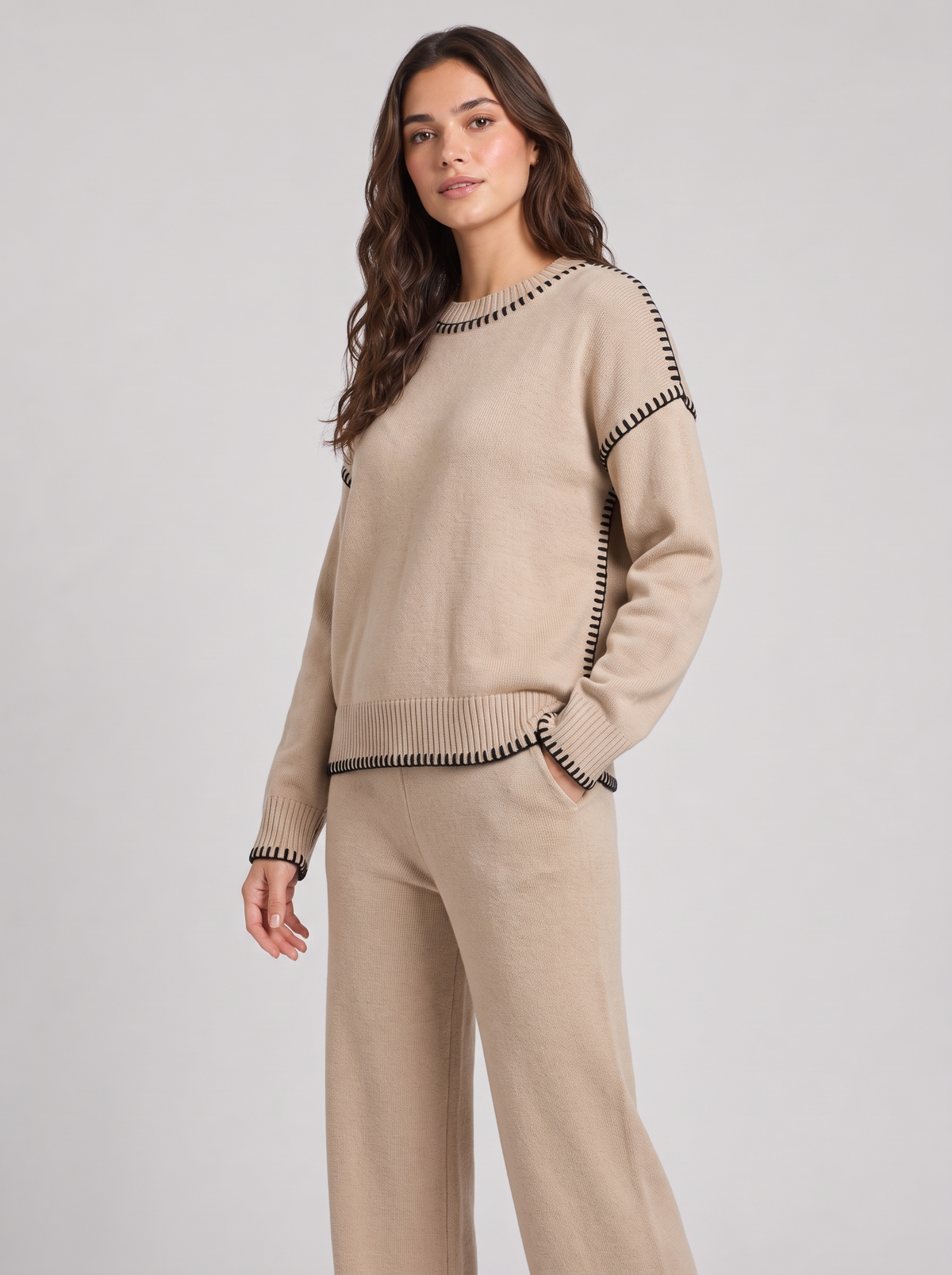 Women's Knitted Co Ord Set in Beige – view 2