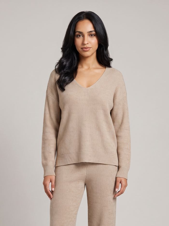 Women's Ribbed Knit Lounge Set in Beige