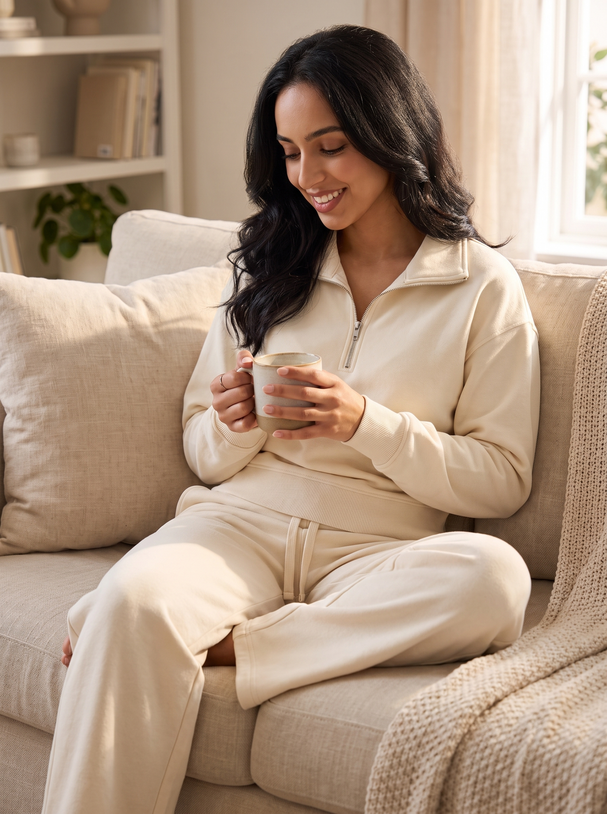 Women's Half Zip Lounge Set in Cream – view 5