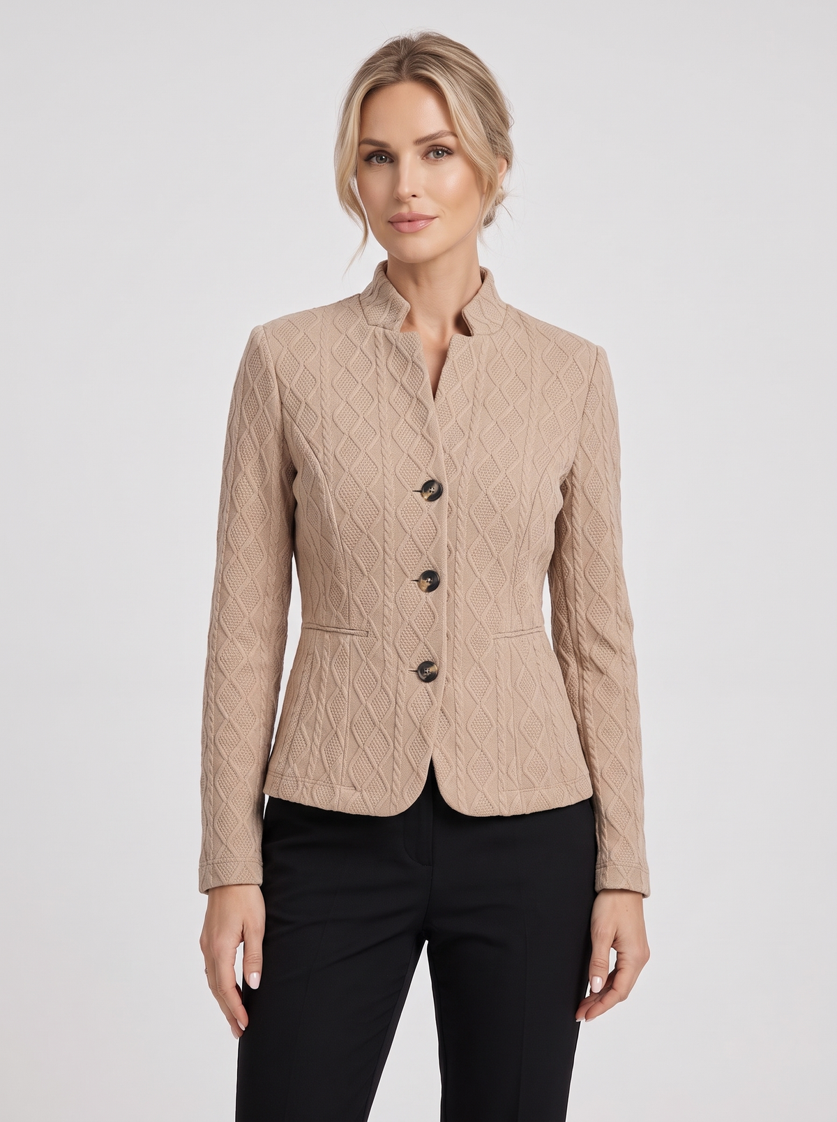 Women's Textured Collarless Blazer in Beige