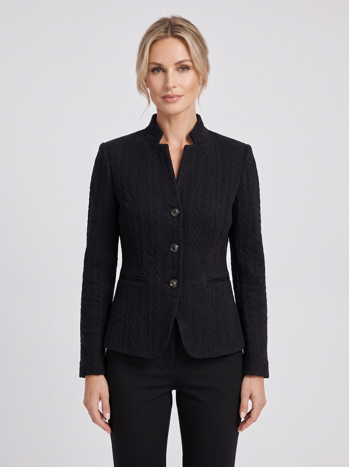 Women's Textured Collarless Blazer in Black
