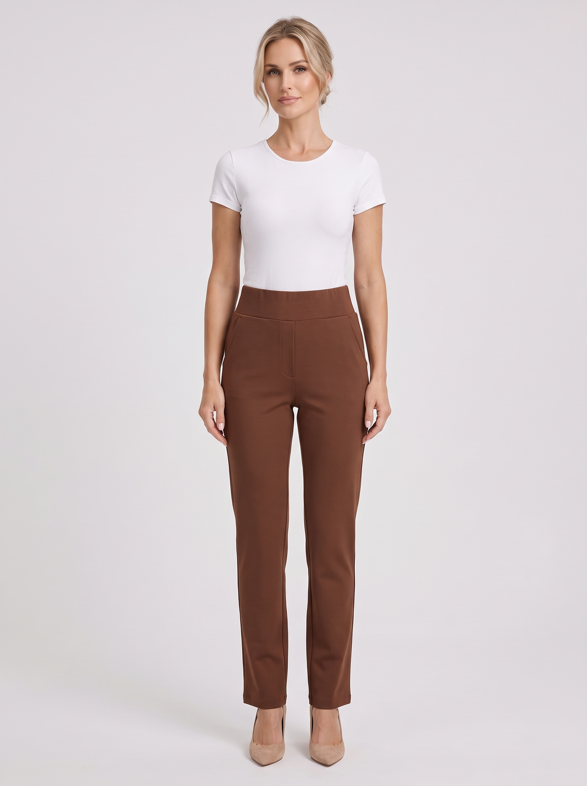 Women's High Waist Straight Leg Trousers in Brown
