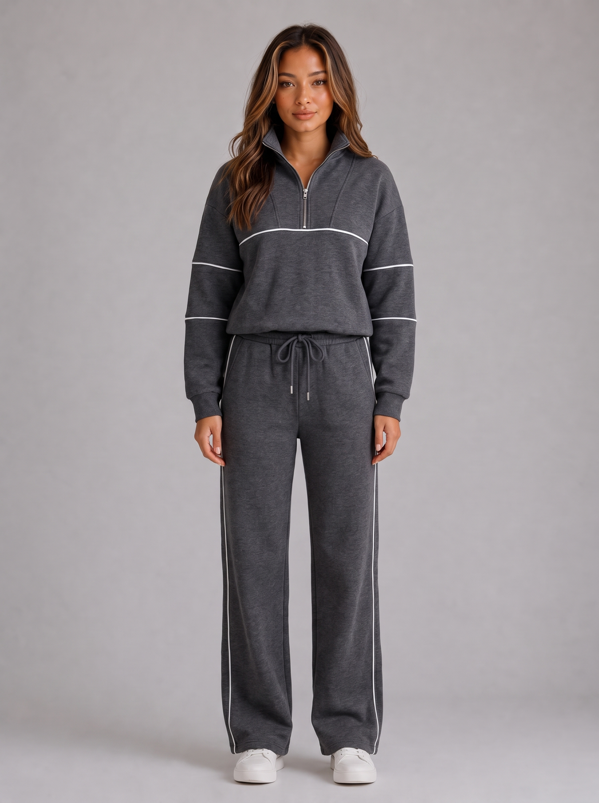 Women's Half Zip Wide Leg Tracksuit in Dark Grey