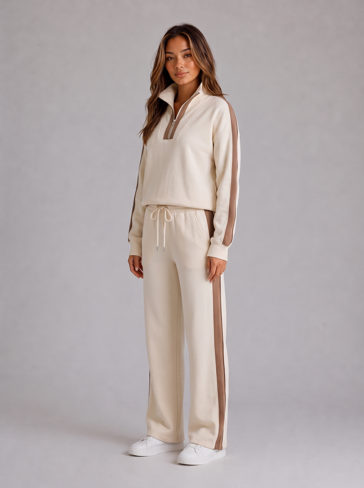 Women's Half Zip Wide Leg Tracksuit in Cream – view 2