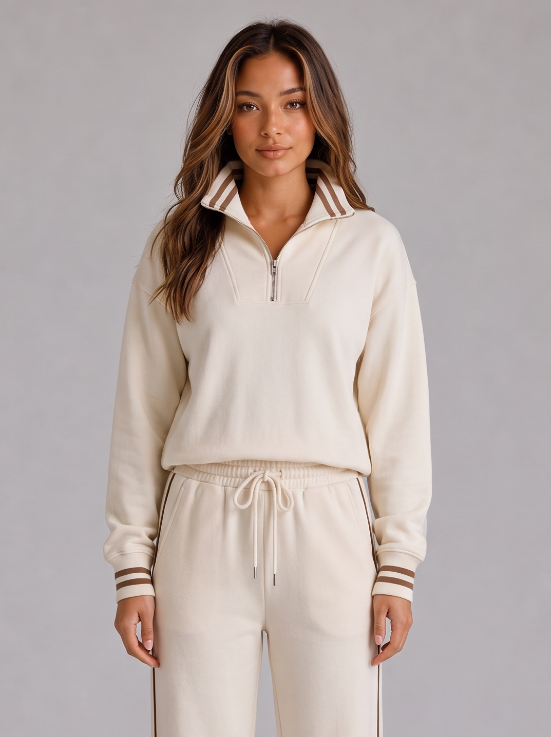 Women's Half Zip Wide Leg Tracksuit in Cream