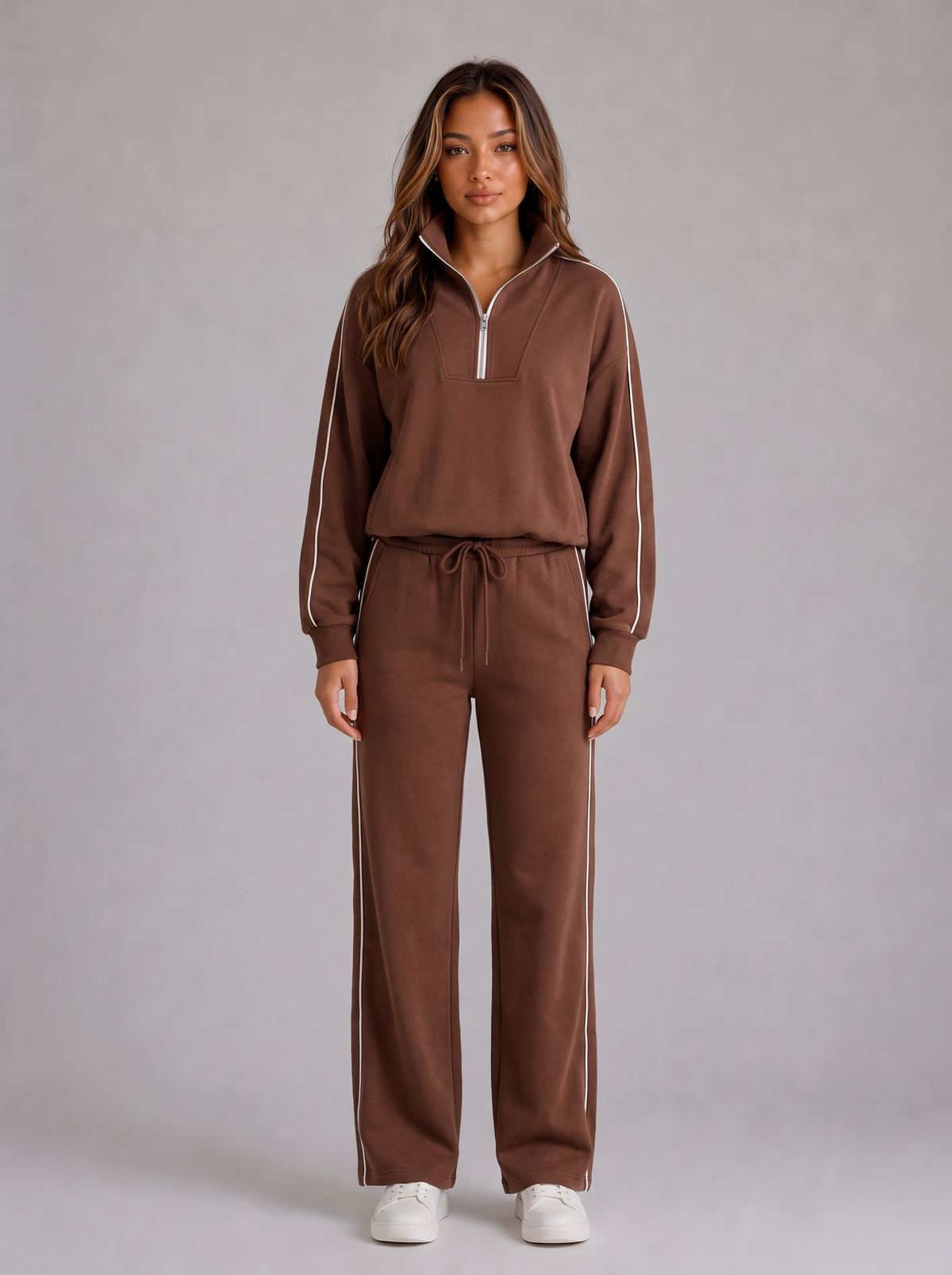 Women's Half Zip Wide Leg Tracksuit in Brown