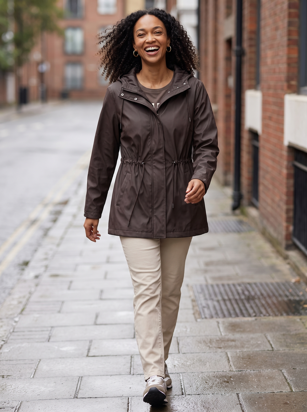 Women's Hooded Rain Jacket in Brown – view 5