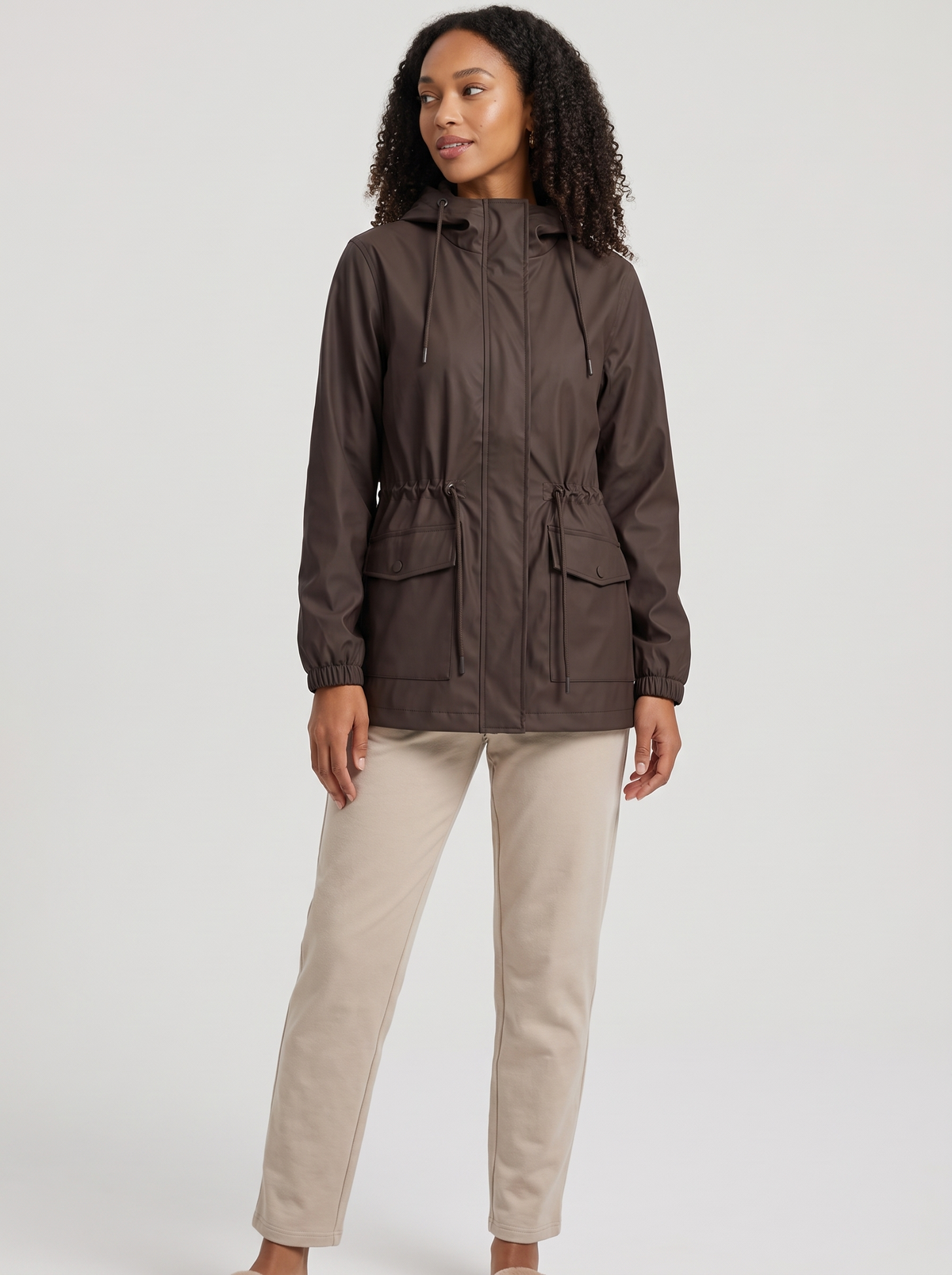Women's Hooded Rain Jacket in Brown – view 2