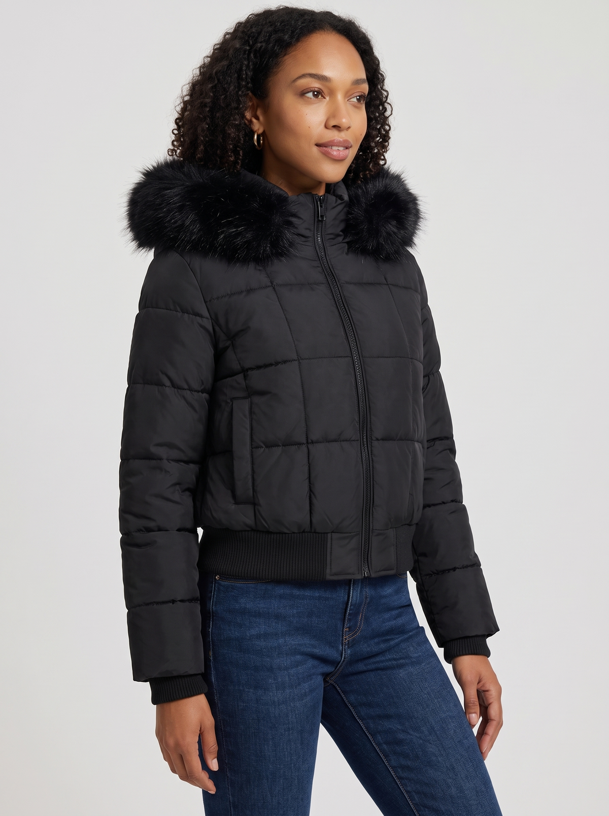 Women's Faux Fur Hood Puffer Jacket in Black – view 4