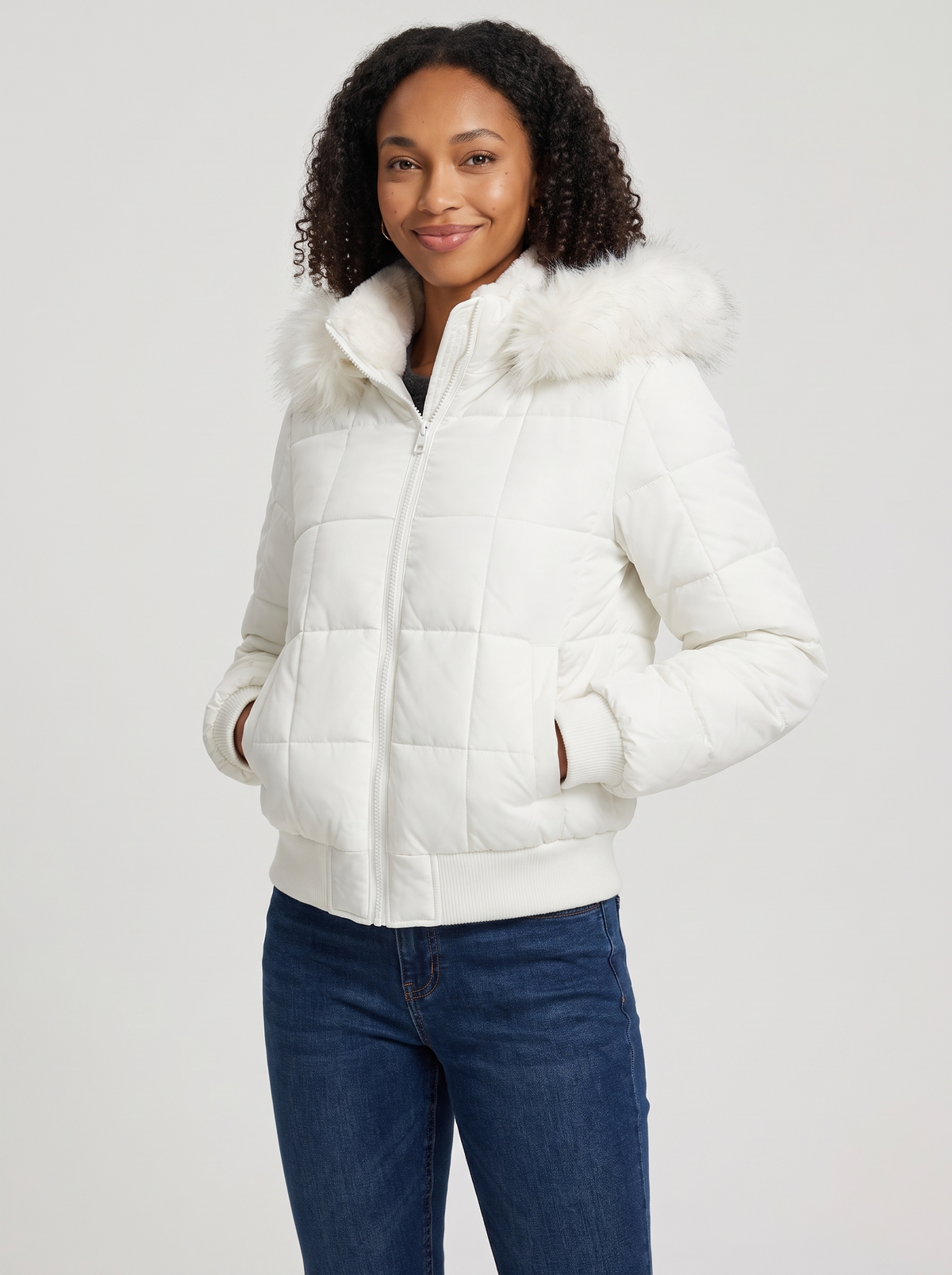 Women's Faux Fur Hood Puffer Jacket in White